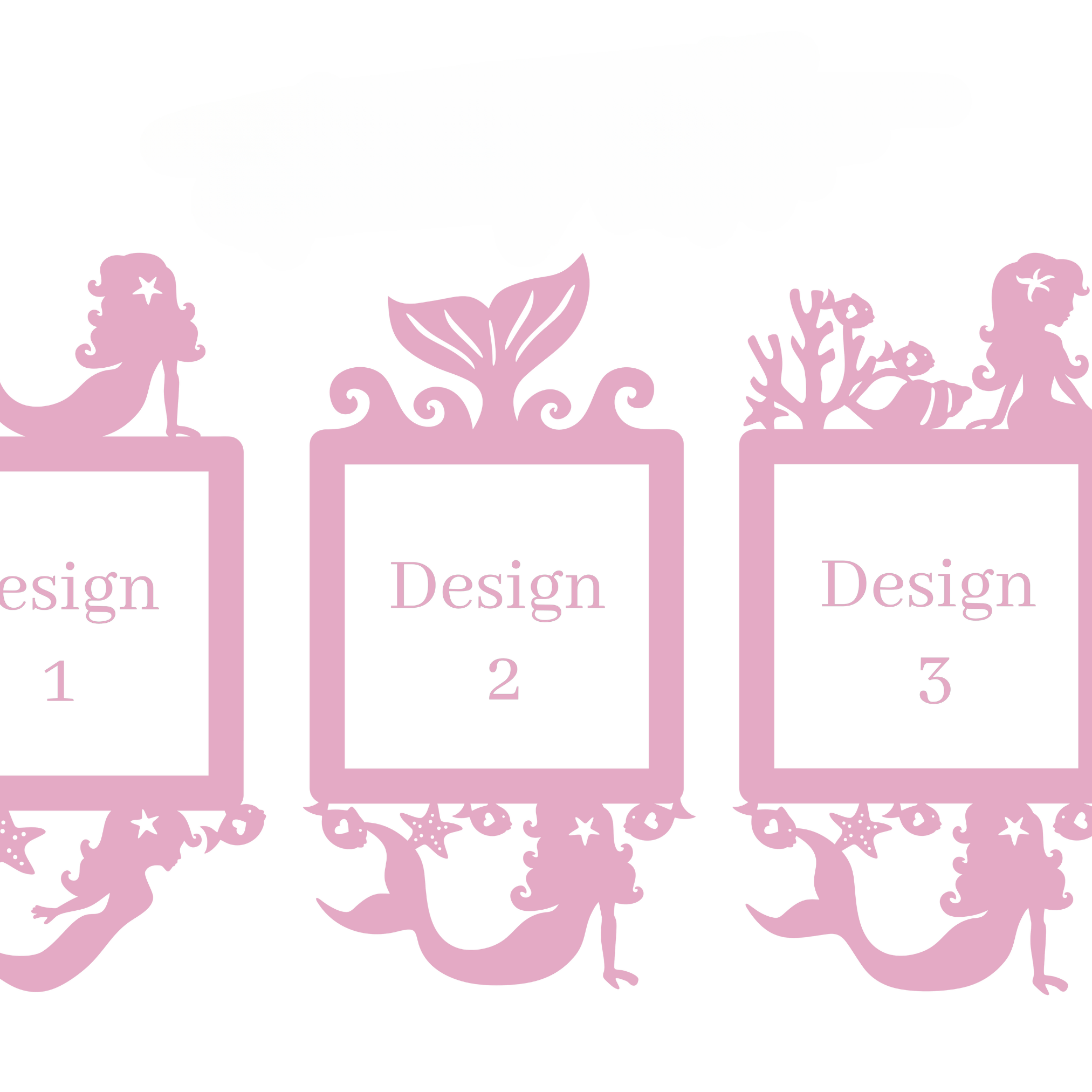 three pink mermaid-themed picture frames, each with a different design.