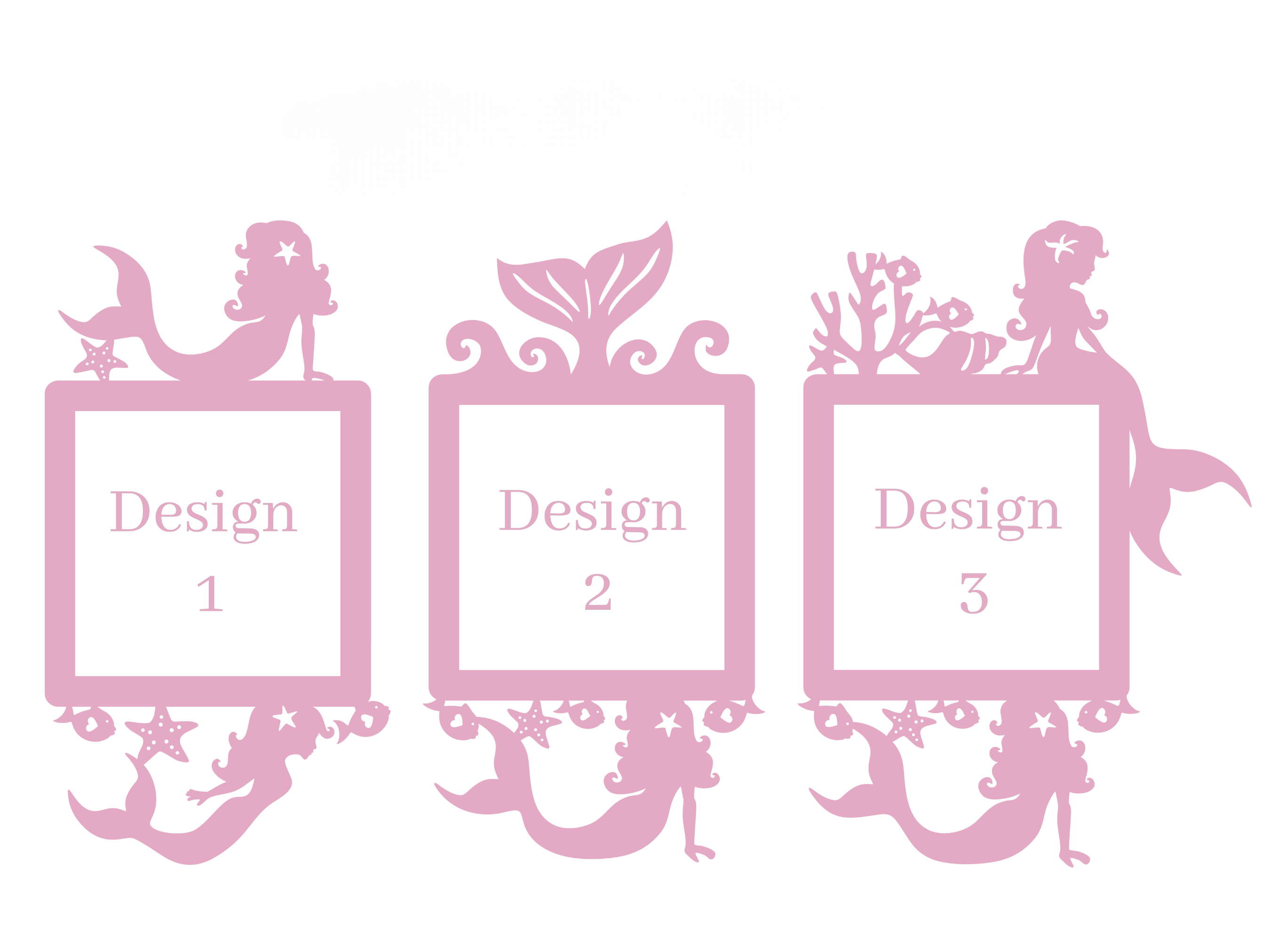 three pink mermaid-themed picture frames, each with a different design.