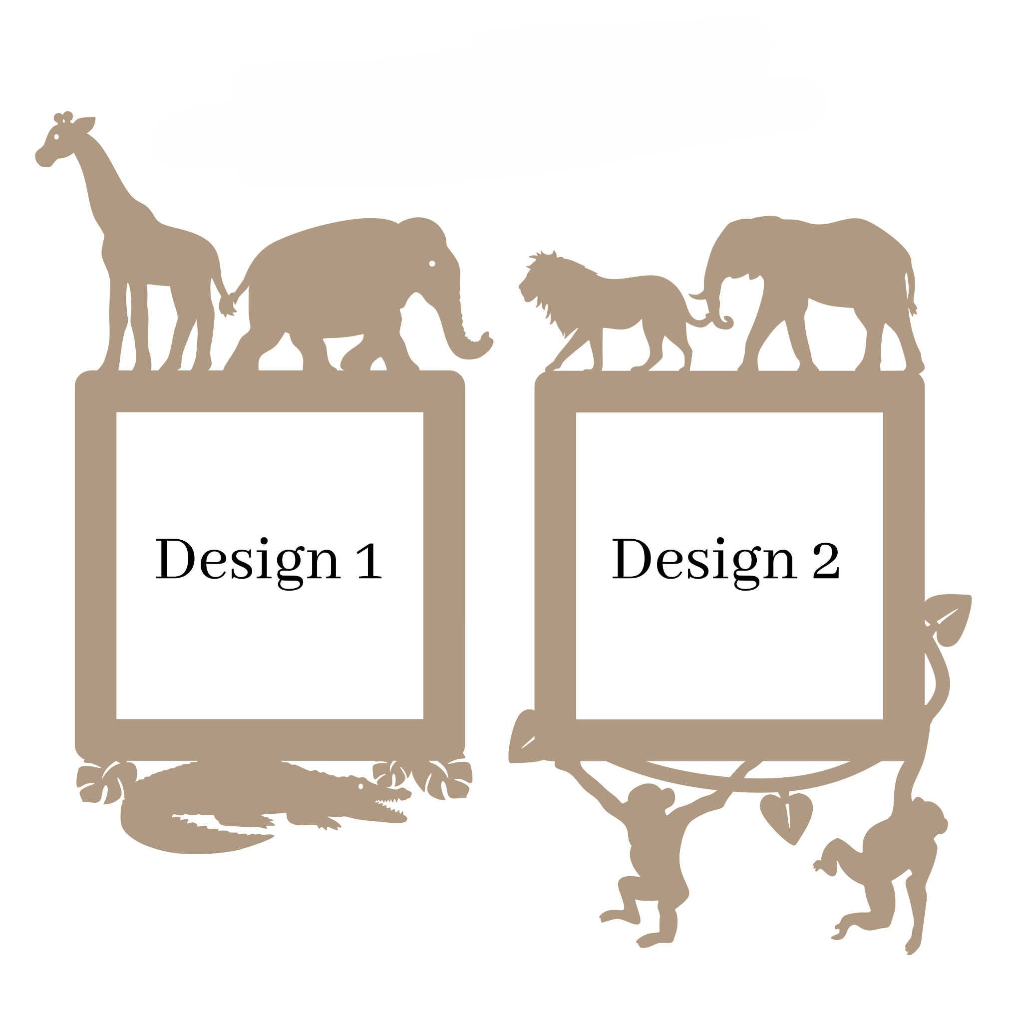 two identical frames, each containing a silhouette of a giraffe, an elephant, a lion, and a crocodile. The frames are labeled "Design 1" and "Design 2".