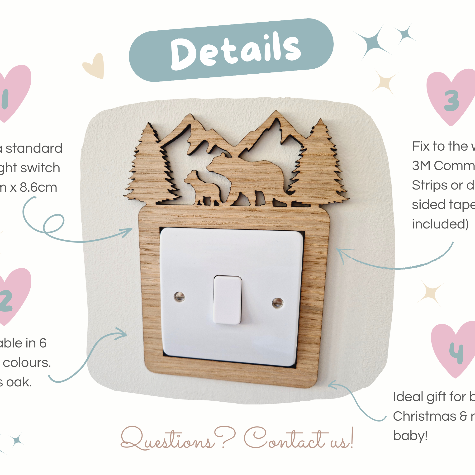 The image is a detailed description of a wooden light switch with a carved design, available in 6 wood colors and suitable for a 6-month period. It is an ideal gift for a birthday, Christmas, or a new baby. The switch is fixed to the wall with 3M Command Strips or double sided tape, and it is available in 6 wood colors. The image also includes a contact number for further information.