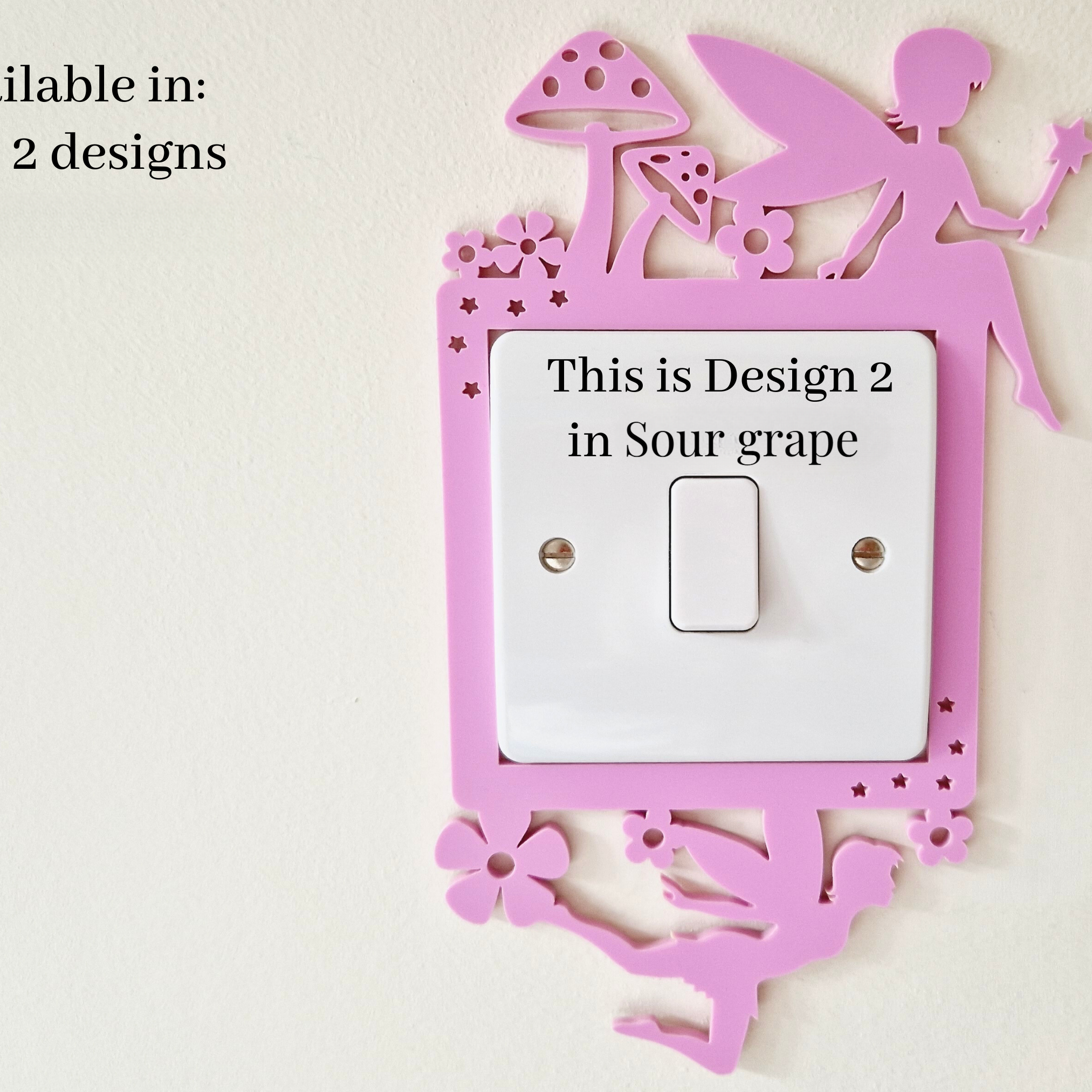 a pink light switch with a fairy design on it, and there is a description of the design available in two different designs.