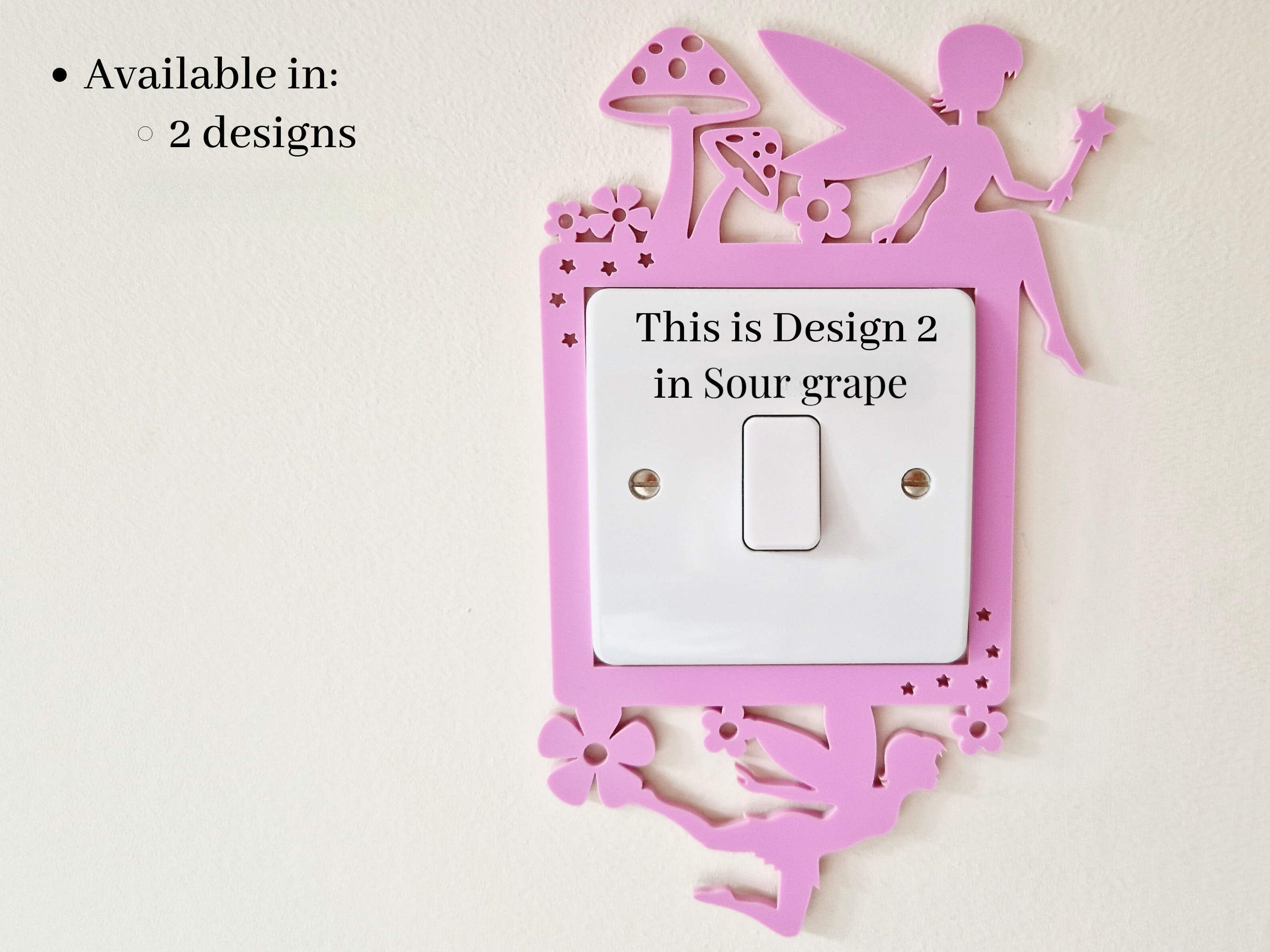 a pink light switch with a fairy design on it, and there is a description of the design available in two different designs.