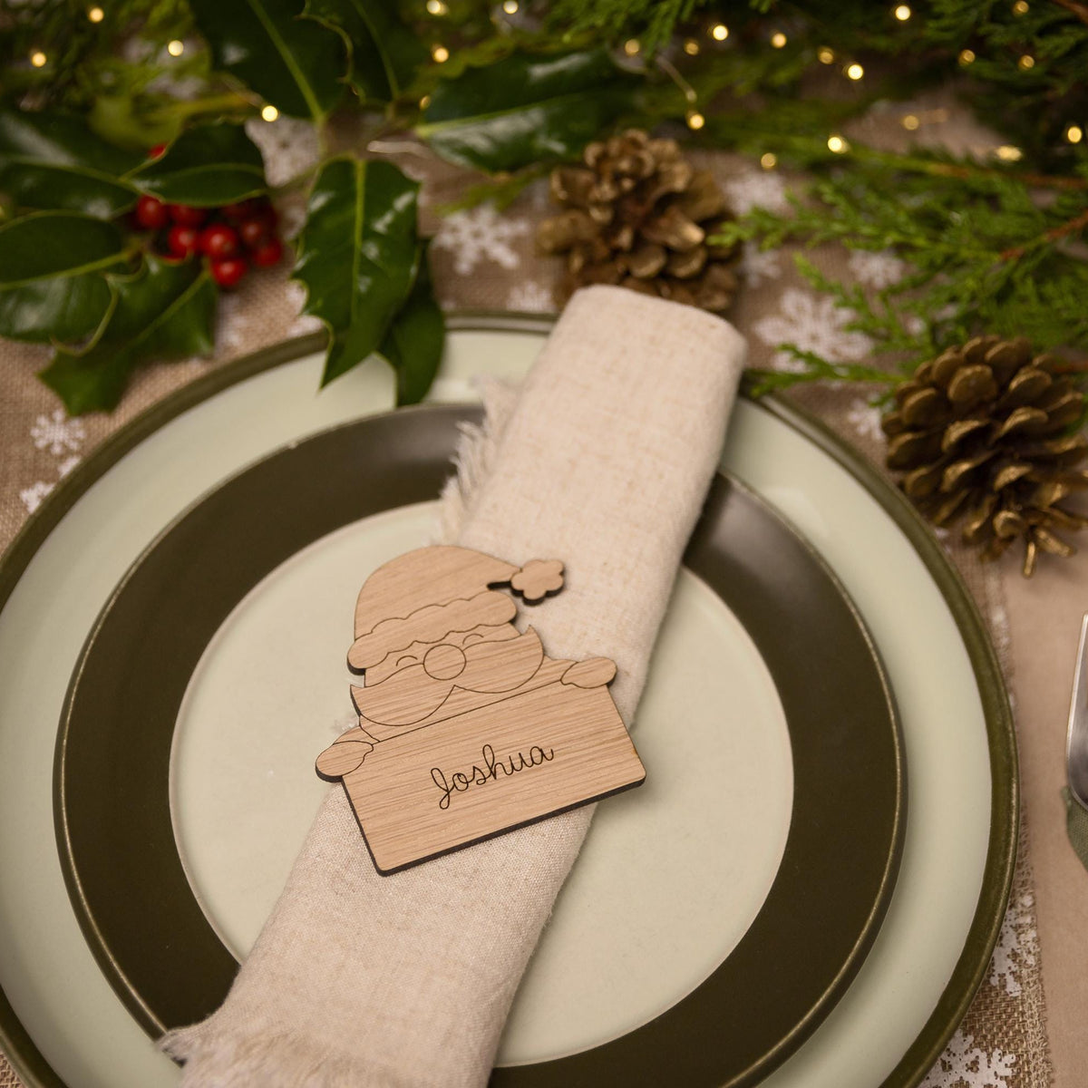 Wooden place setting in shape of a santa