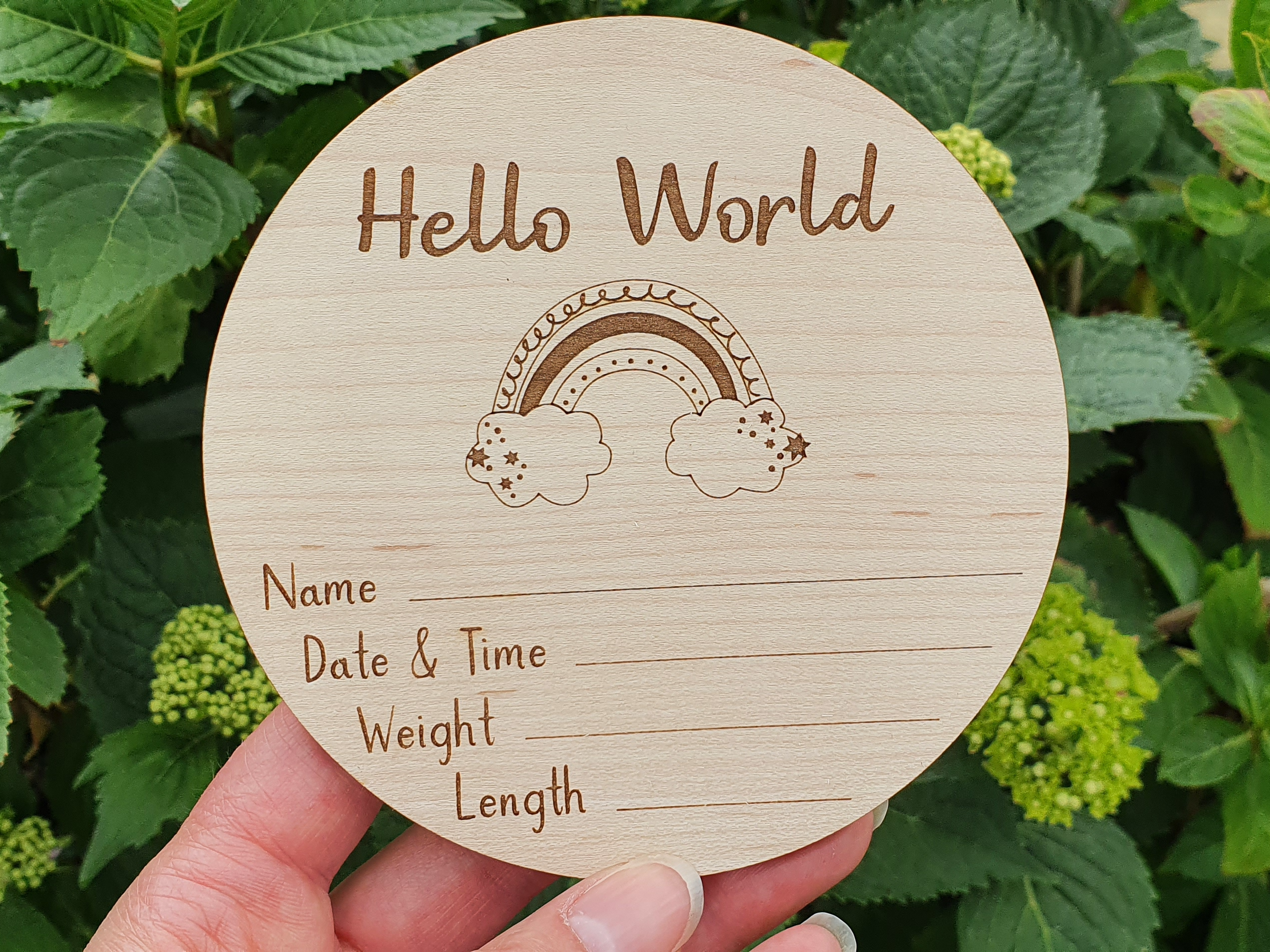 A wooden postcard with a rainbow graphic and text, held in front of a background of green leaves.