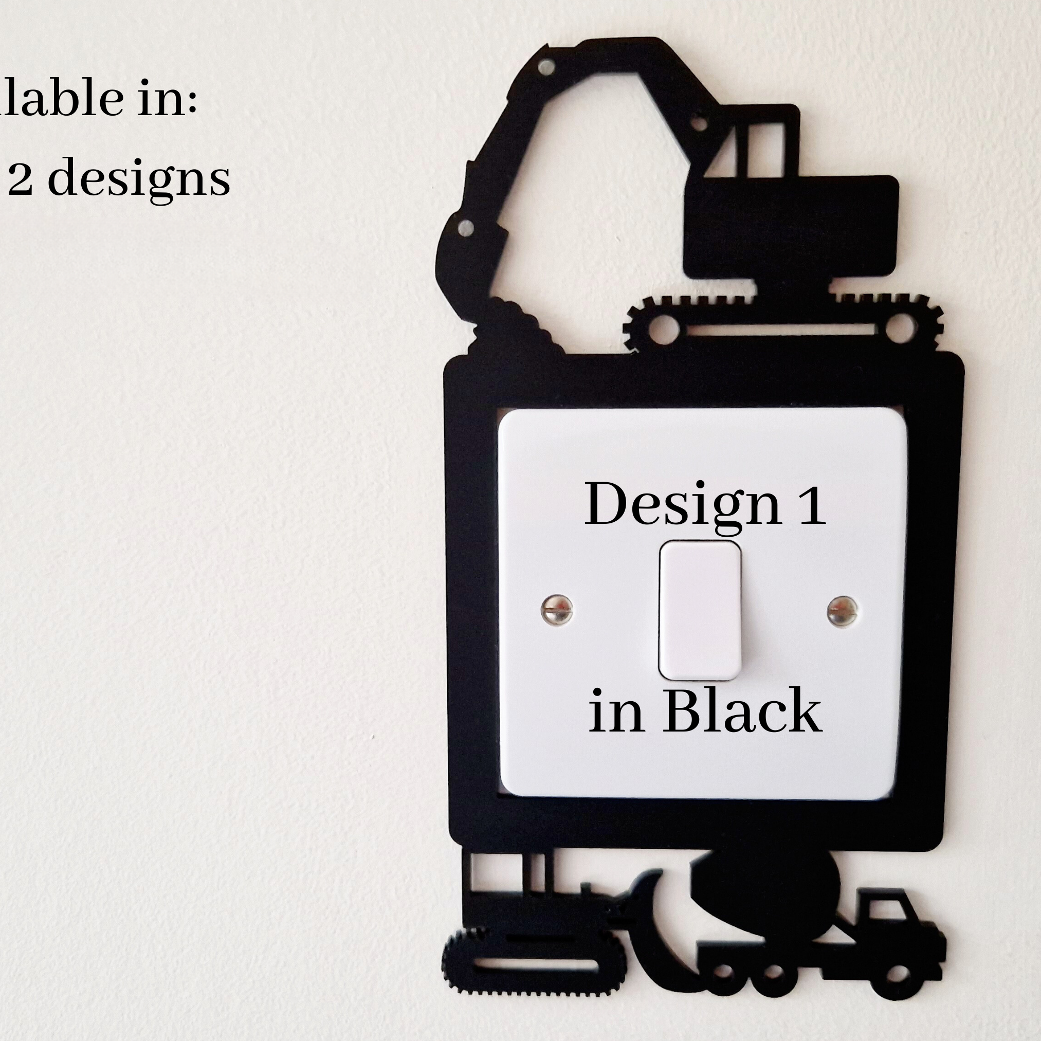 a light switch with a design of a construction vehicle on it, and there is text indicating that it is available in two designs and in 25+ colors.