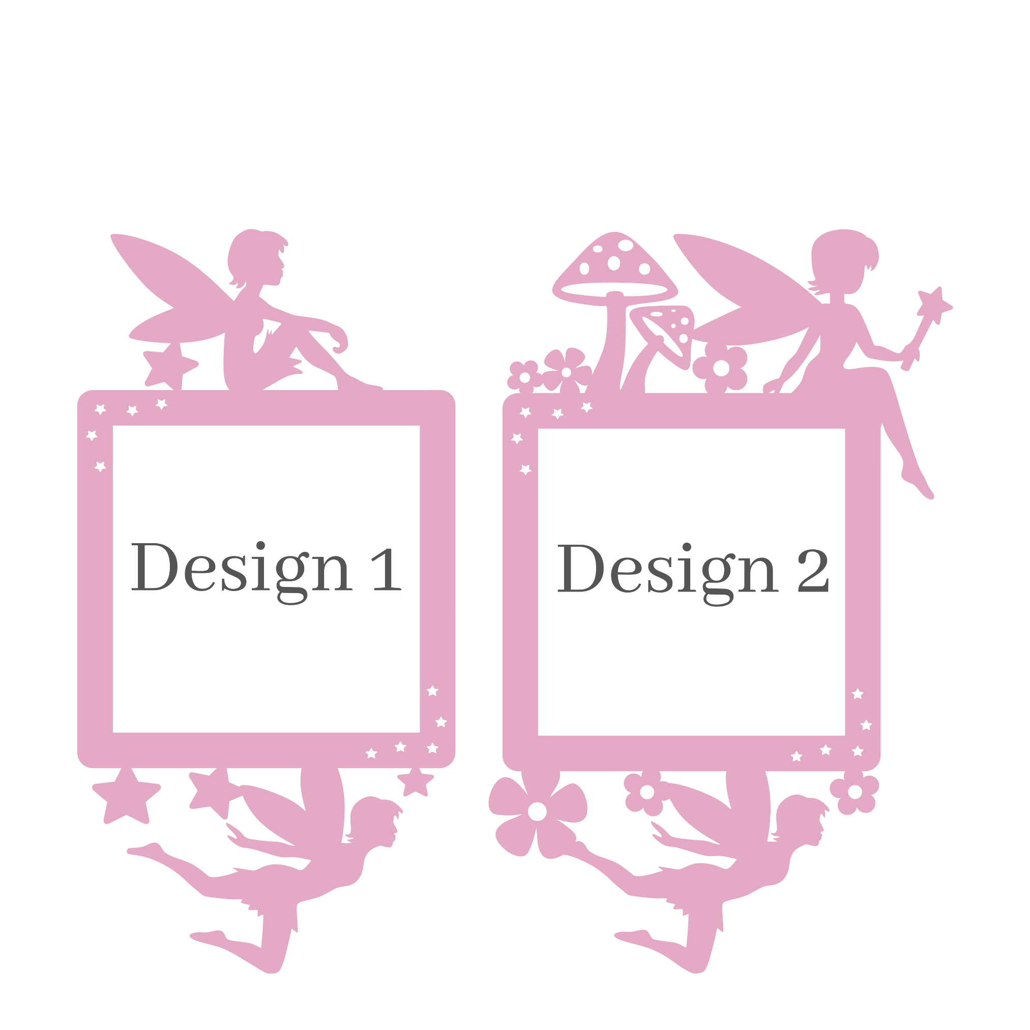 Two pink fairy-themed surrounds labelled 'Design 1' and 'Design 2' on a white background.