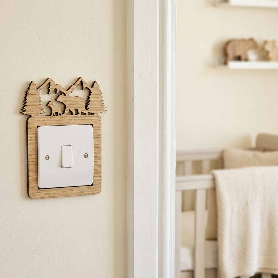 Wooden switch cover with a mummy bear and a baby bear in front of mountains and two trees, on a light-colored wall next to a crib.