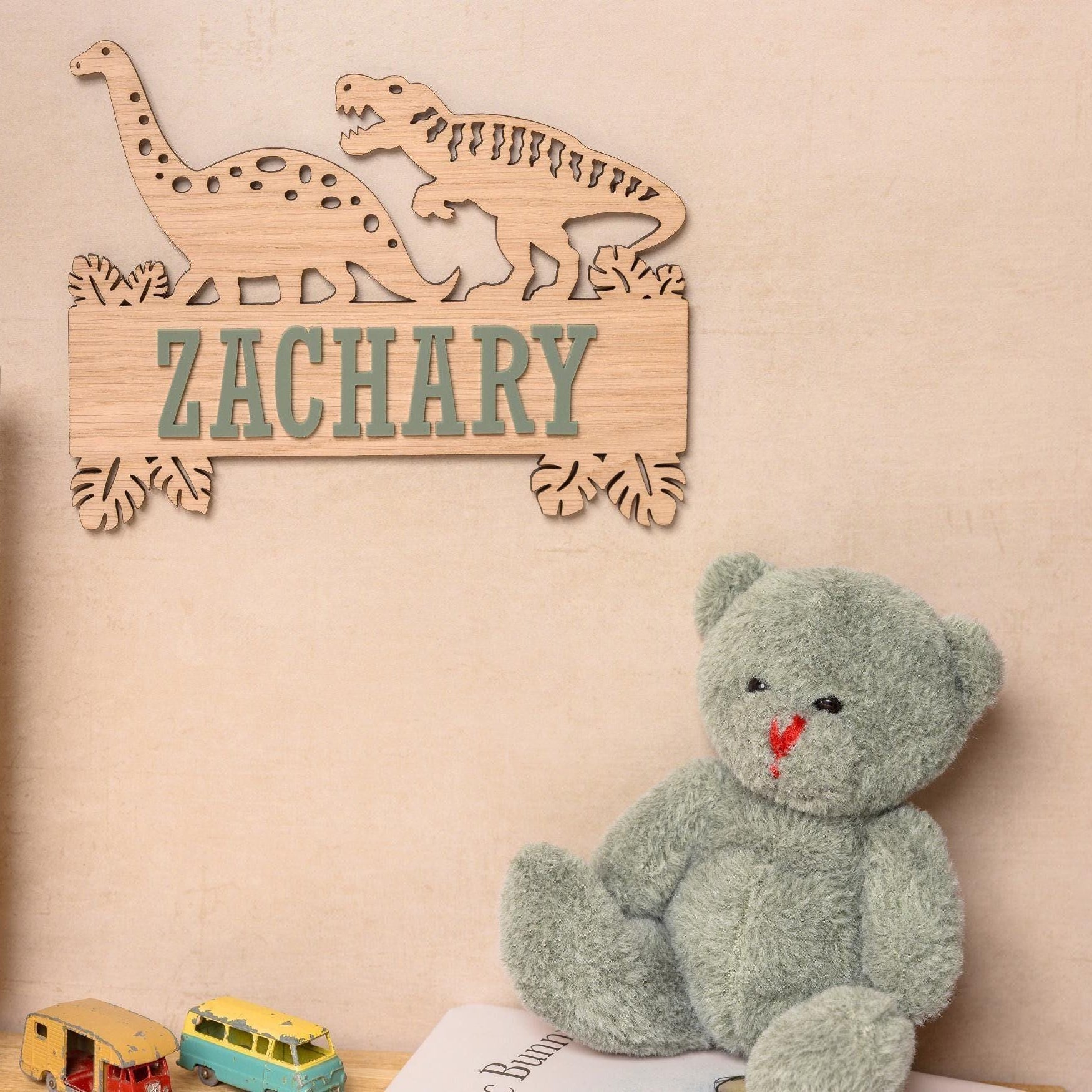 Dino themed wooden name sign