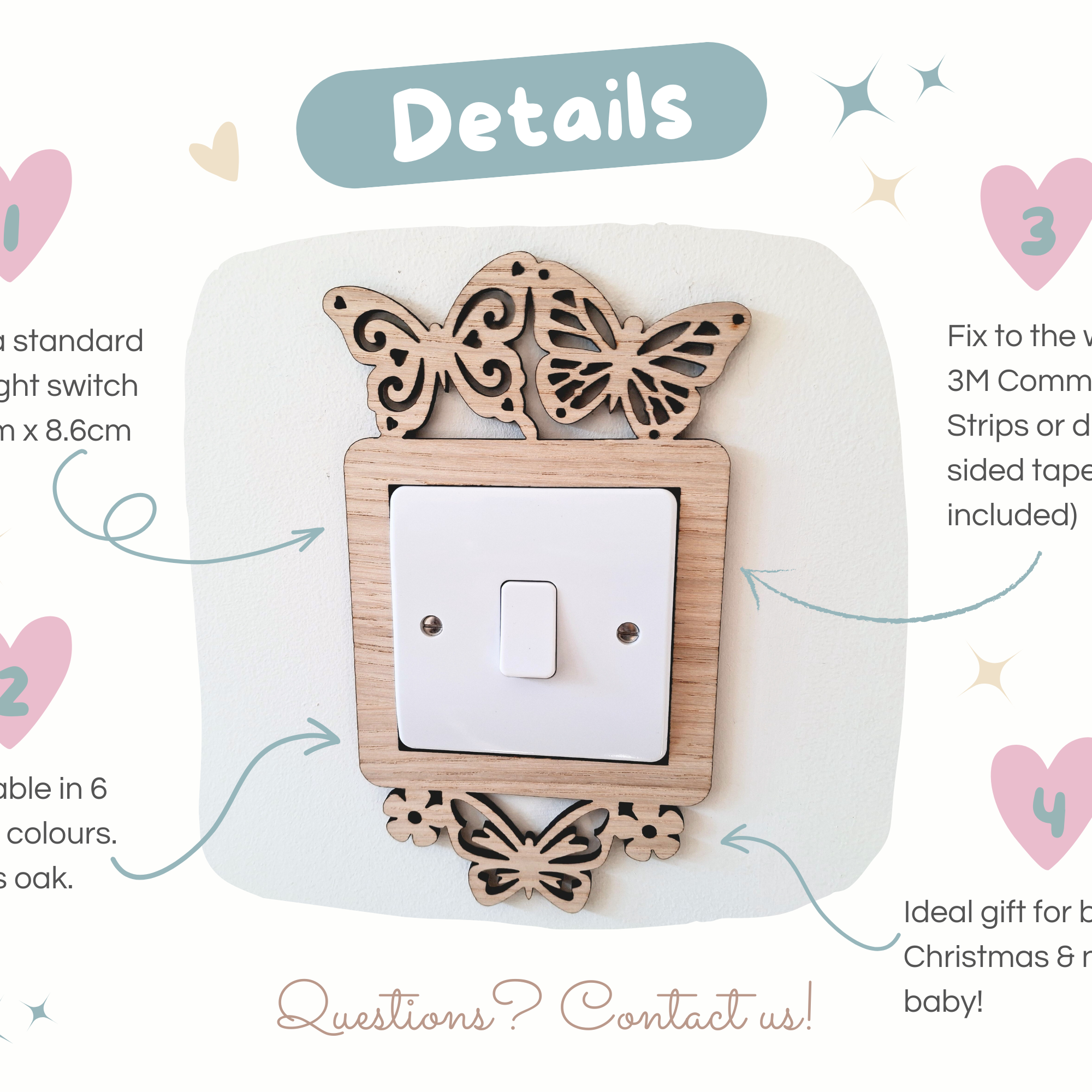 The image is a detailed description of a wooden light switch with butterfly and heart designs, available in 6 wood colors and suitable for a baby's room. It features a 3M Command Strip or double sided tape for fixing to the wall, and it is ideal as a gift for a birthday, Christmas, or new baby. The image includes a contact number for further inquiries.