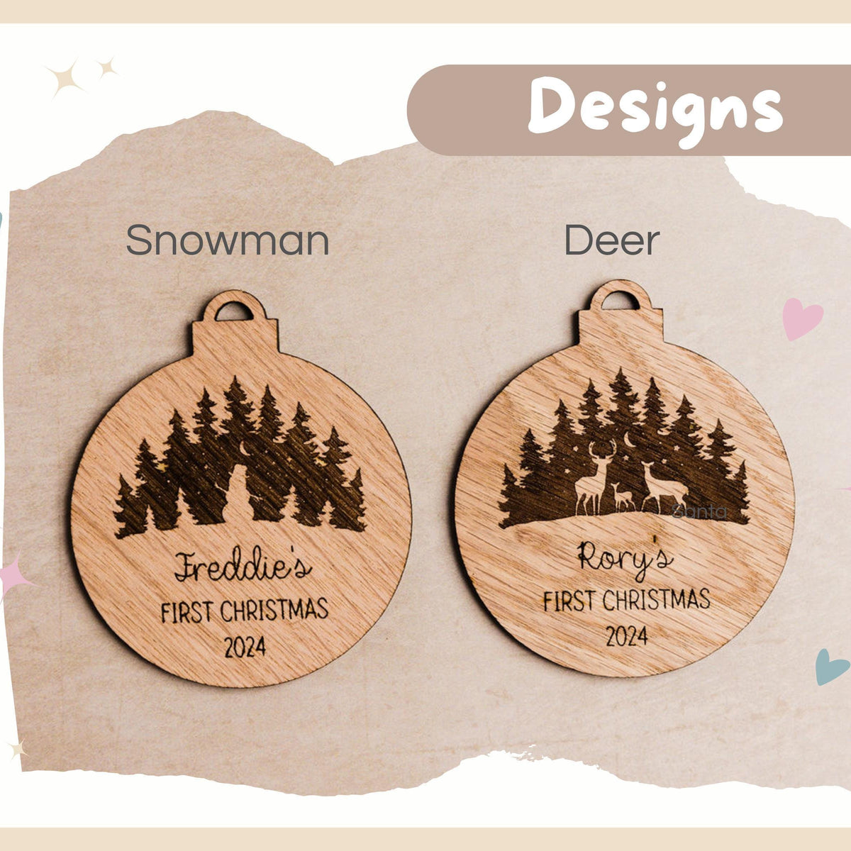 Two wooden baubles. One with a single snowman and one with a reindeer family of 3.