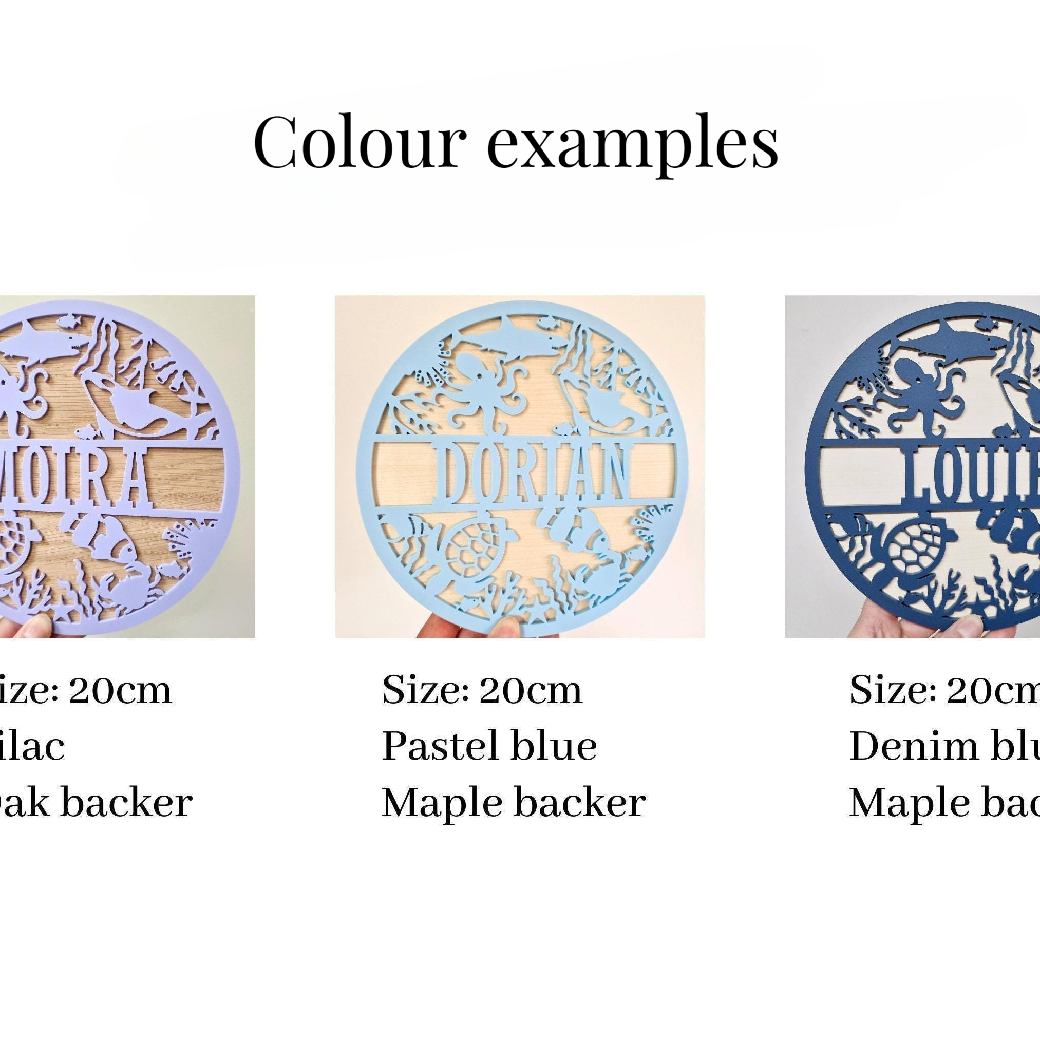 three examples of personalized wooden wall art, each with a different color and design.