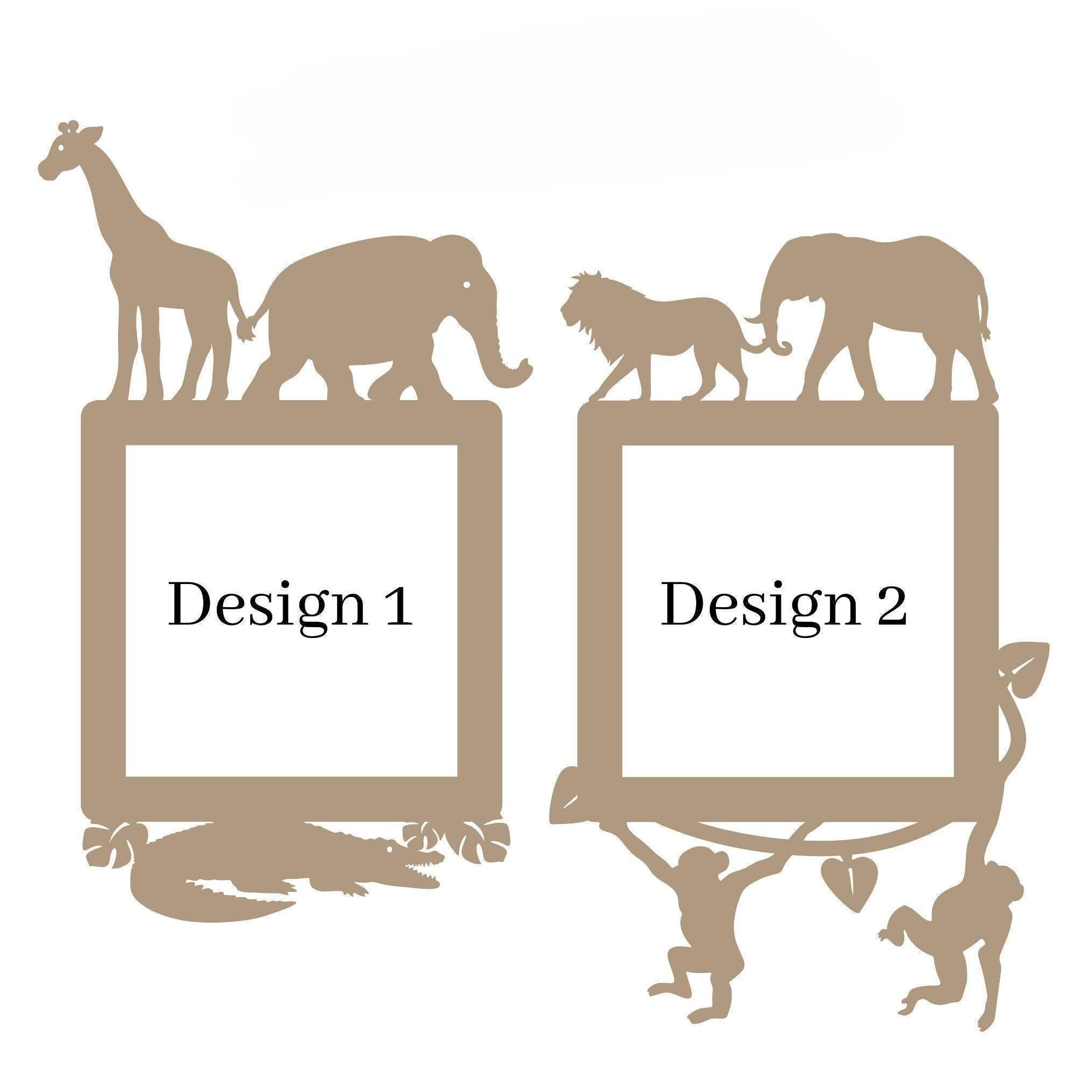two identical square frames, each containing a silhouette of a giraffe, elephant, lion, and crocodile. The frames are labeled "Design 1" and "Design 2".