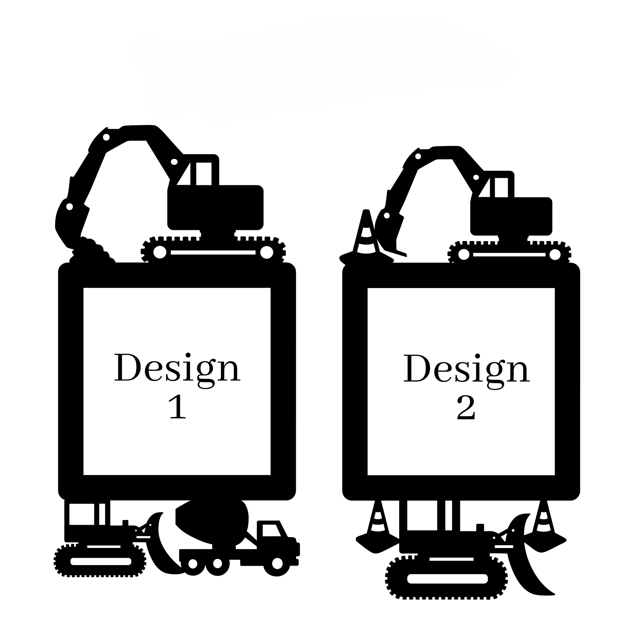 two black silhouettes of construction vehicles, each labeled with the number "1" and "2", suggesting they are design elements or images related to construction or machinery.