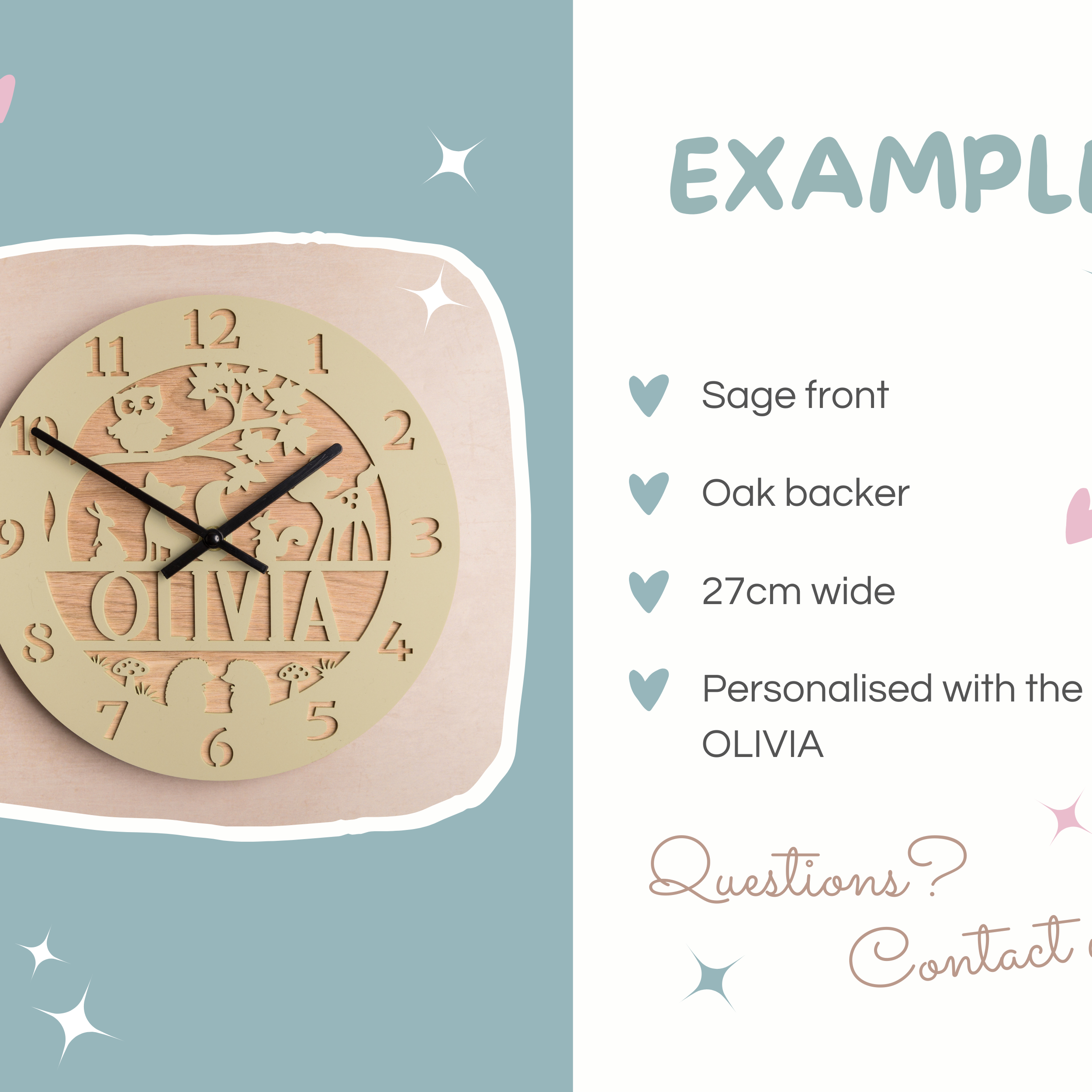 a wooden clock with the name 'OLIVIA' carved into it, and it is displayed on a light blue background with a white border.