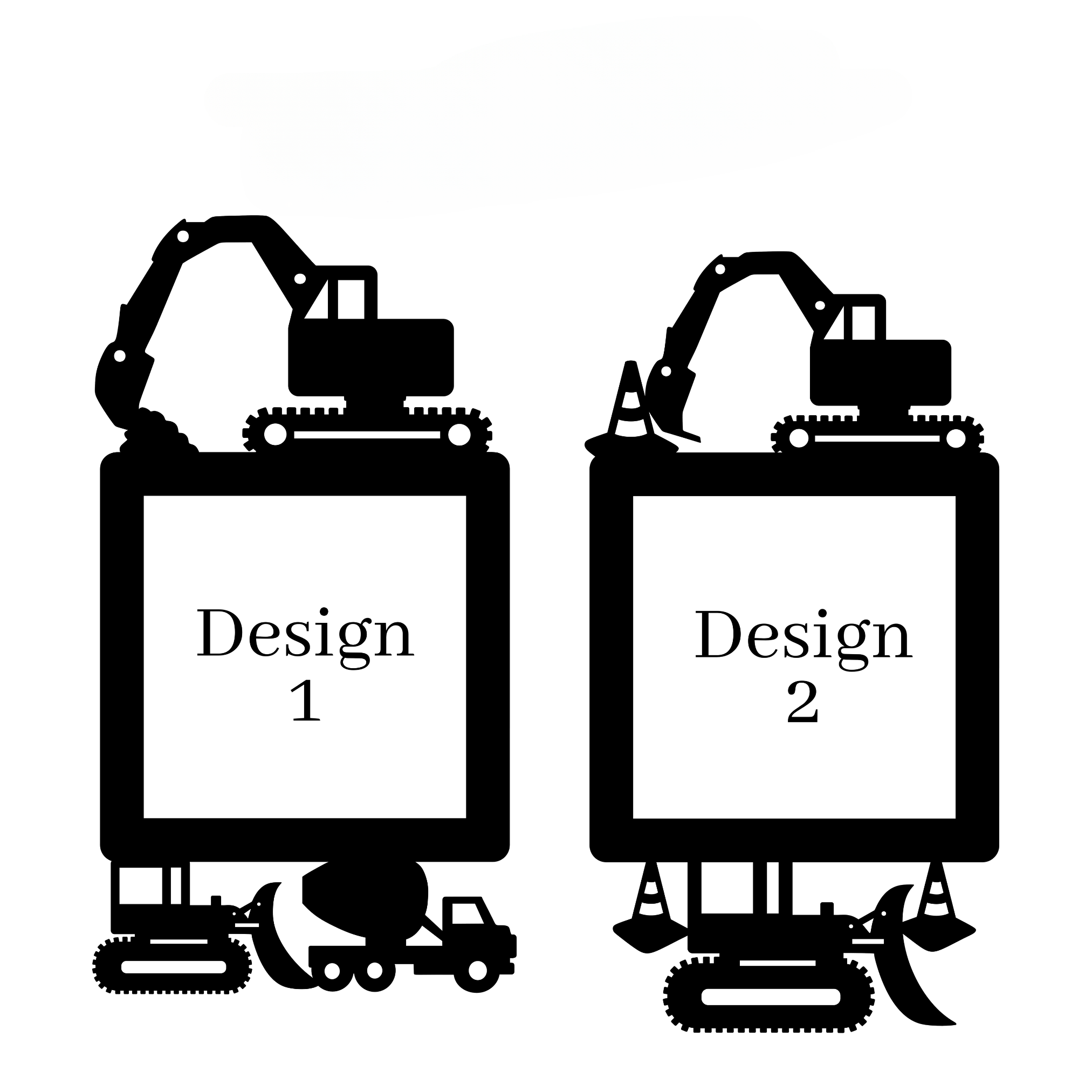two black silhouettes of construction vehicles, each labeled with the number "1" and "2", suggesting they are design elements or images related to construction or machinery.