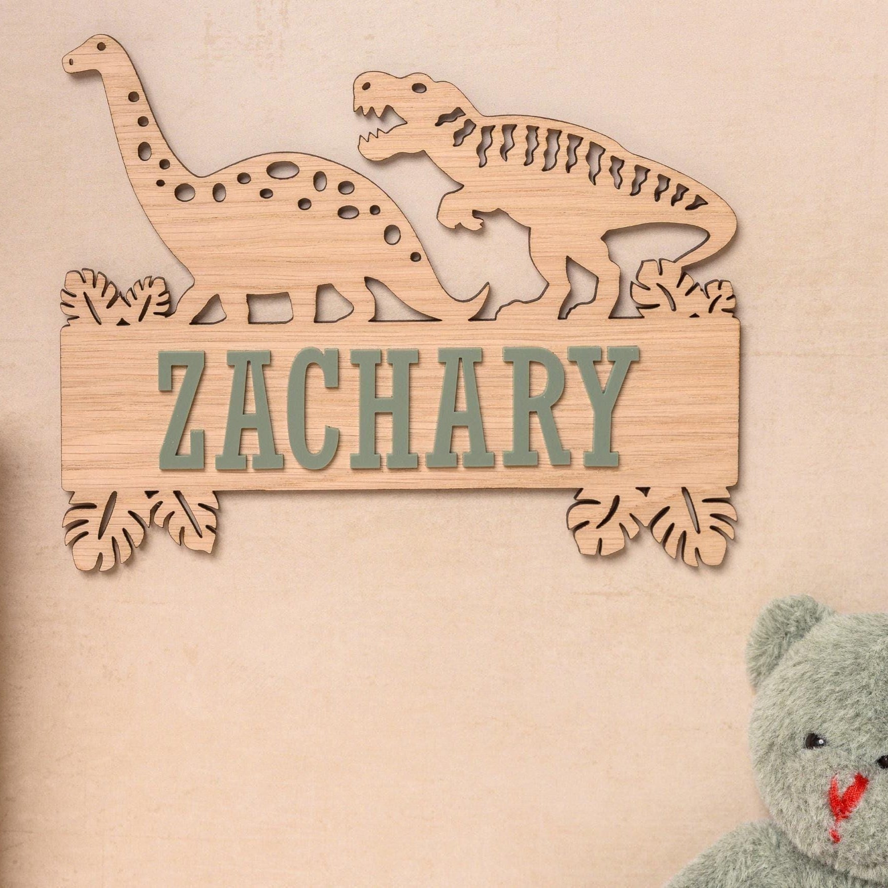 Dino themed wooden name sign