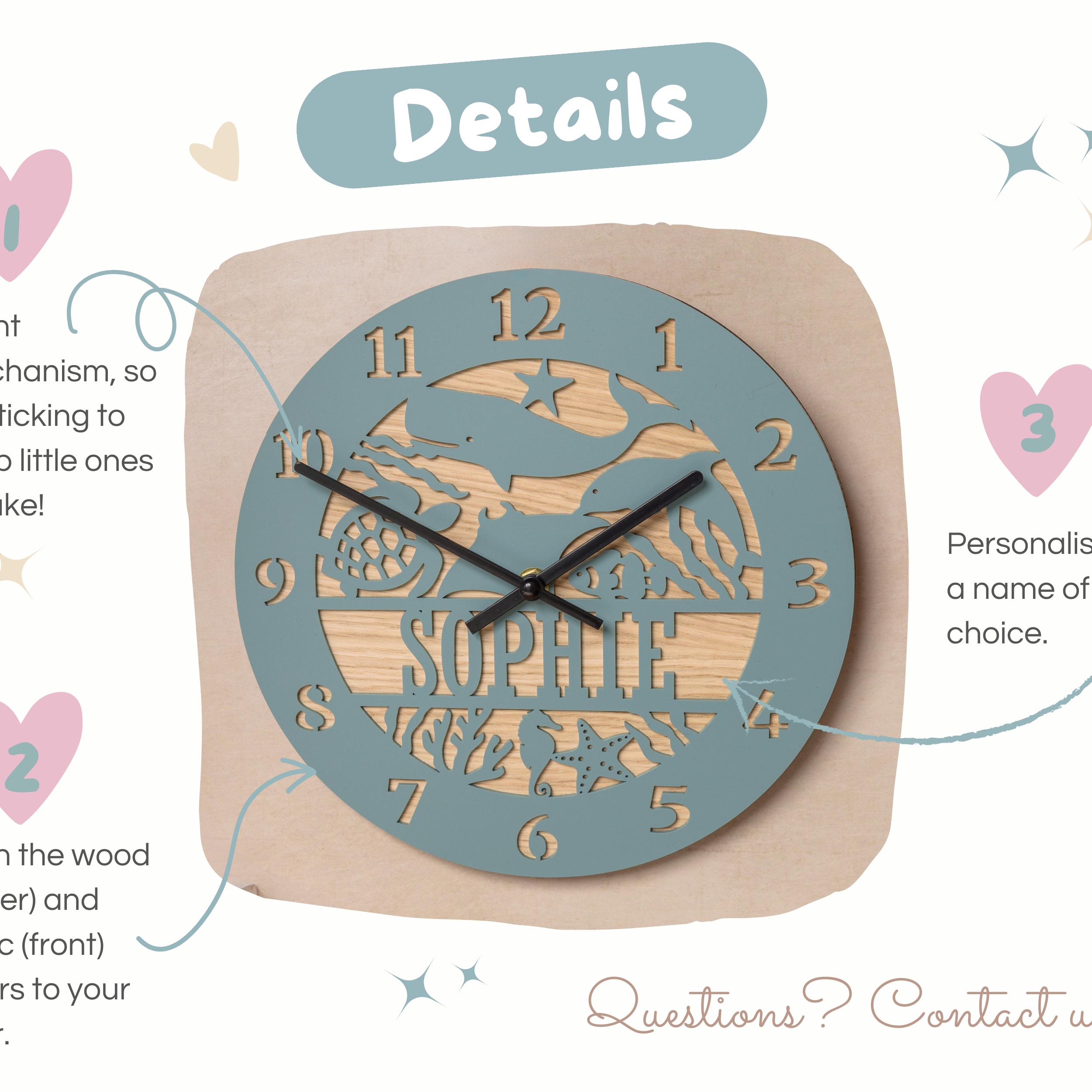 The image is a detailed description of a wooden wall clock with a personalized name carved into it. It features a blue face with numbers and a design of a bird and fish. The clock is made of wood and has a silent mechanism, so there is no ticking to keep little ones awake. The clock is personalized with a name, and it can be used to match the decor. The image includes a list of options for matching the wood and colors to the decor, and it also includes a contact number for further inquiries.