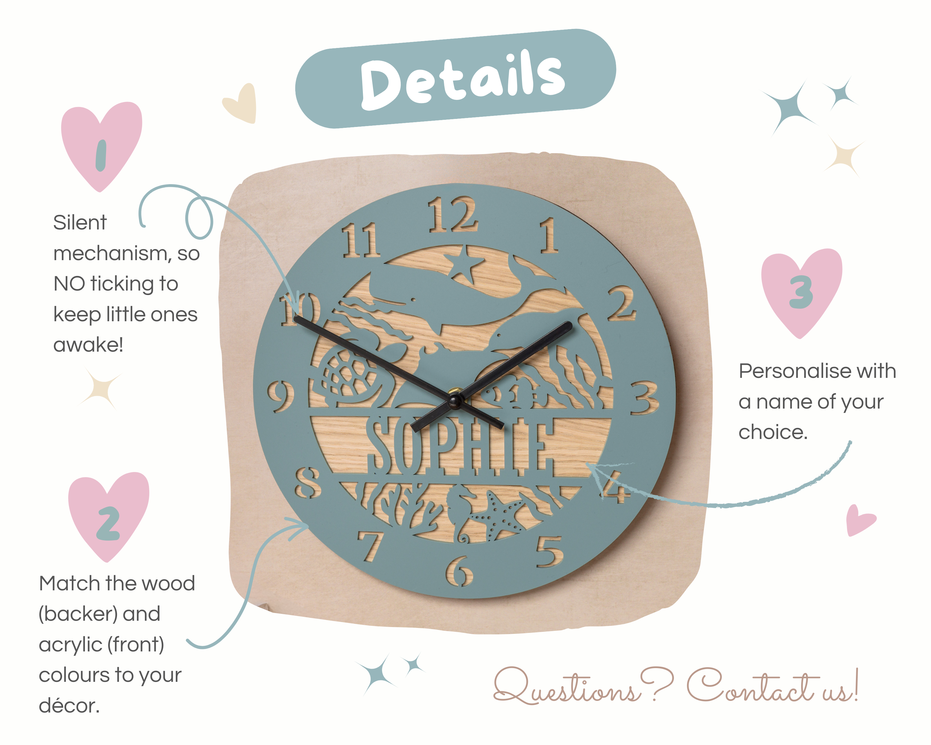 The image is a detailed description of a wooden wall clock with a personalized name carved into it. It features a blue face with numbers and a design of a bird and fish. The clock is made of wood and has a silent mechanism, so there is no ticking to keep little ones awake. The clock is personalized with a name, and it can be used to match the decor. The image includes a list of options for matching the wood and colors to the decor, and it also includes a contact number for further inquiries.