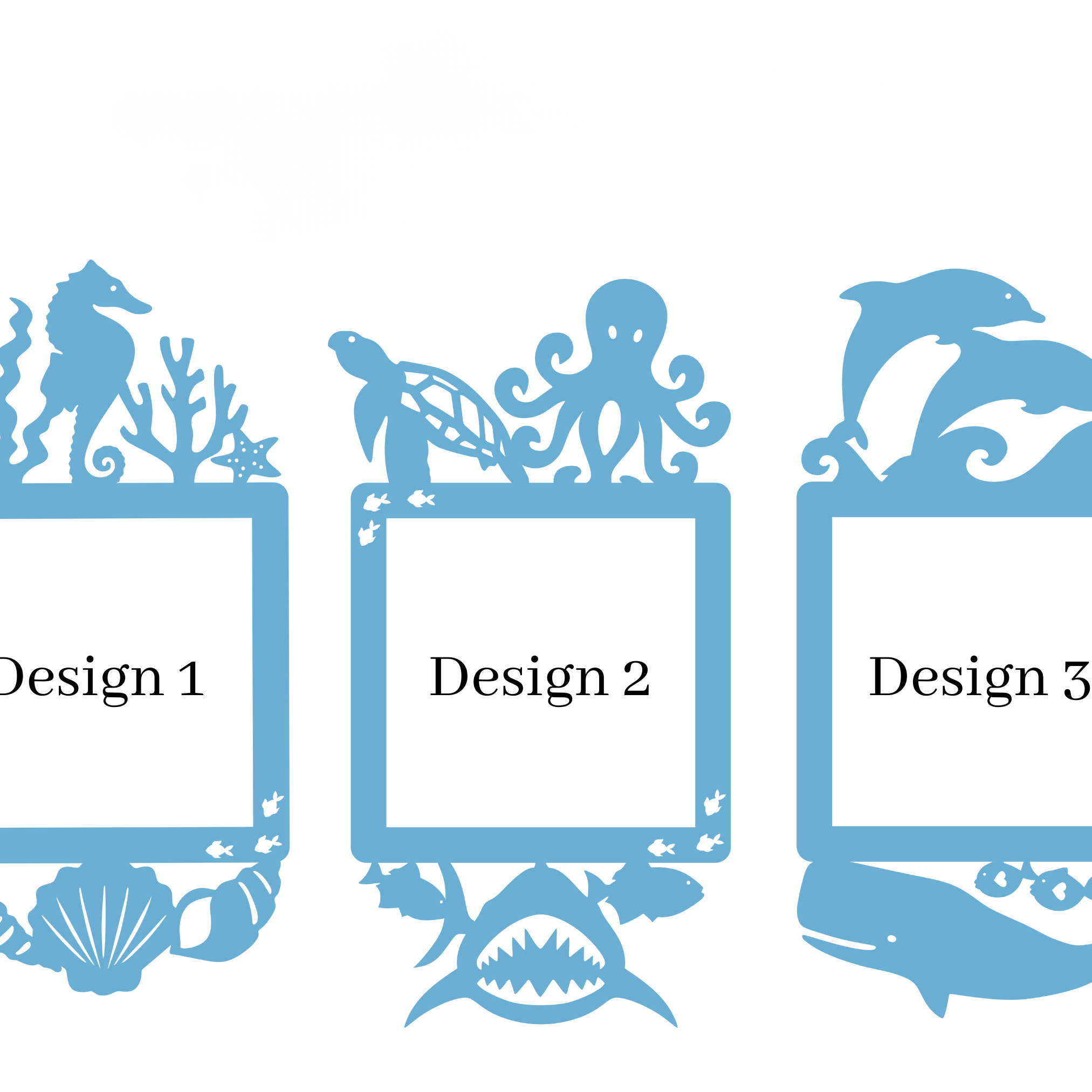 three blue frames with marine life designs, including a seahorse, octopus, and dolphin, arranged in a row.