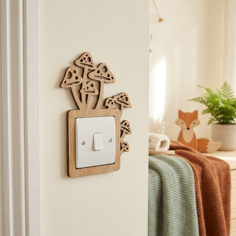 Decorative wooden light switch plate with mushroom design on a lightly colored wall.
