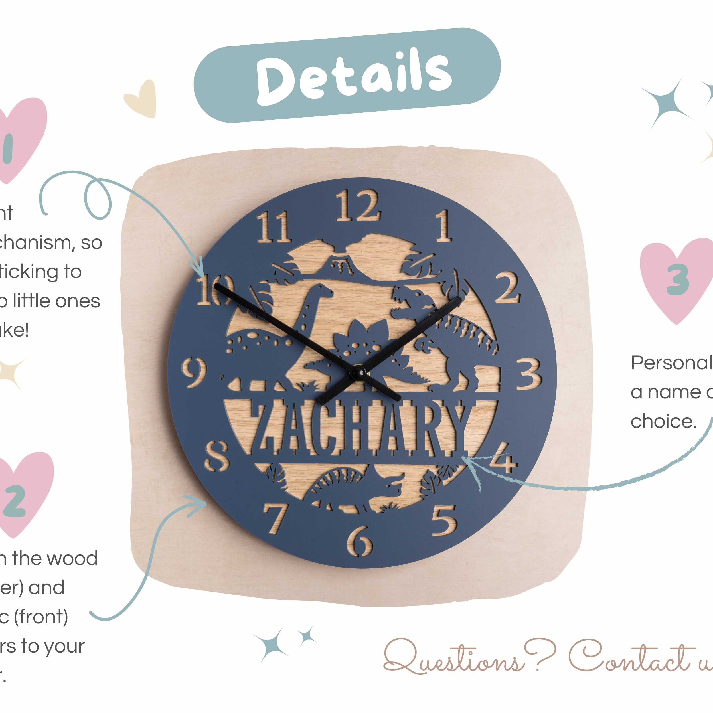 The image is a detailed description of a clock with a dinosaur theme, including the name "ZACHARY" and the option to personalise with a name. It also provides instructions on how to match the wood and acrylic colors to the decor.