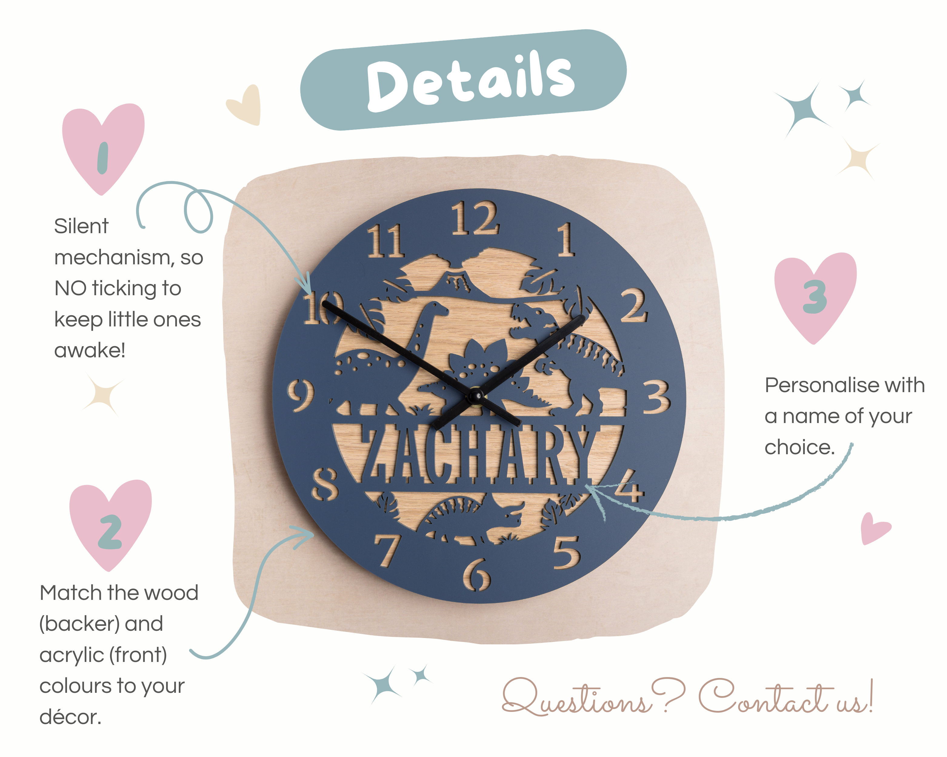 The image is a detailed description of a clock with a dinosaur theme, including the name "ZACHARY" and the option to personalise with a name. It also provides instructions on how to match the wood and acrylic colors to the decor.