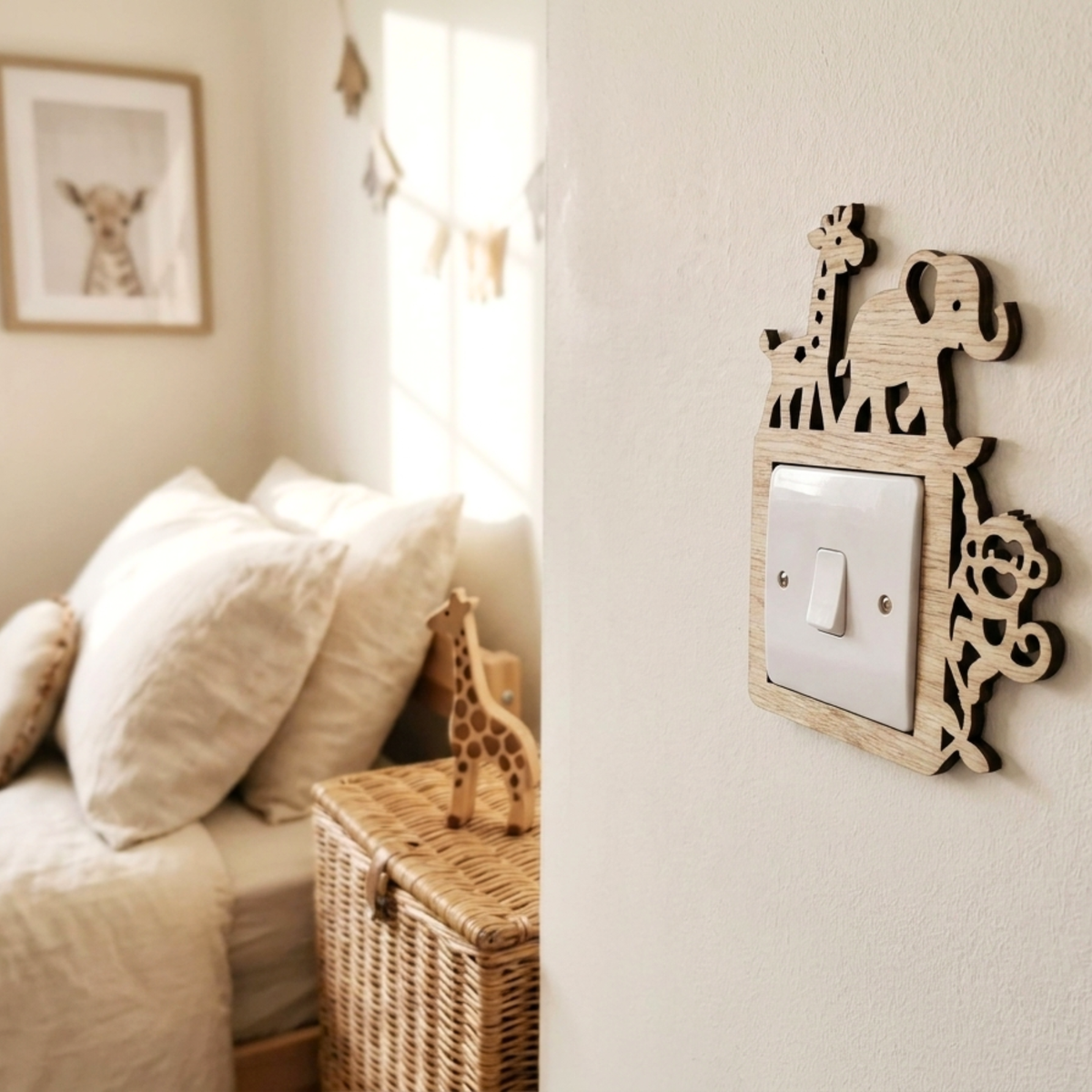 A wooden animal silhouette light switch cover mounted on a white wall in a softly lit bedroom. The cover features cutout shapes of a giraffe, elephant, and monkey around a white switch plate.