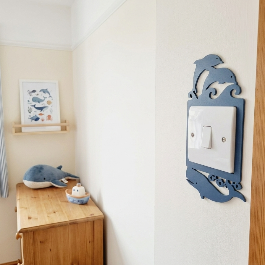 Nautical-themed room with dolphin and whale on a light switch cover
