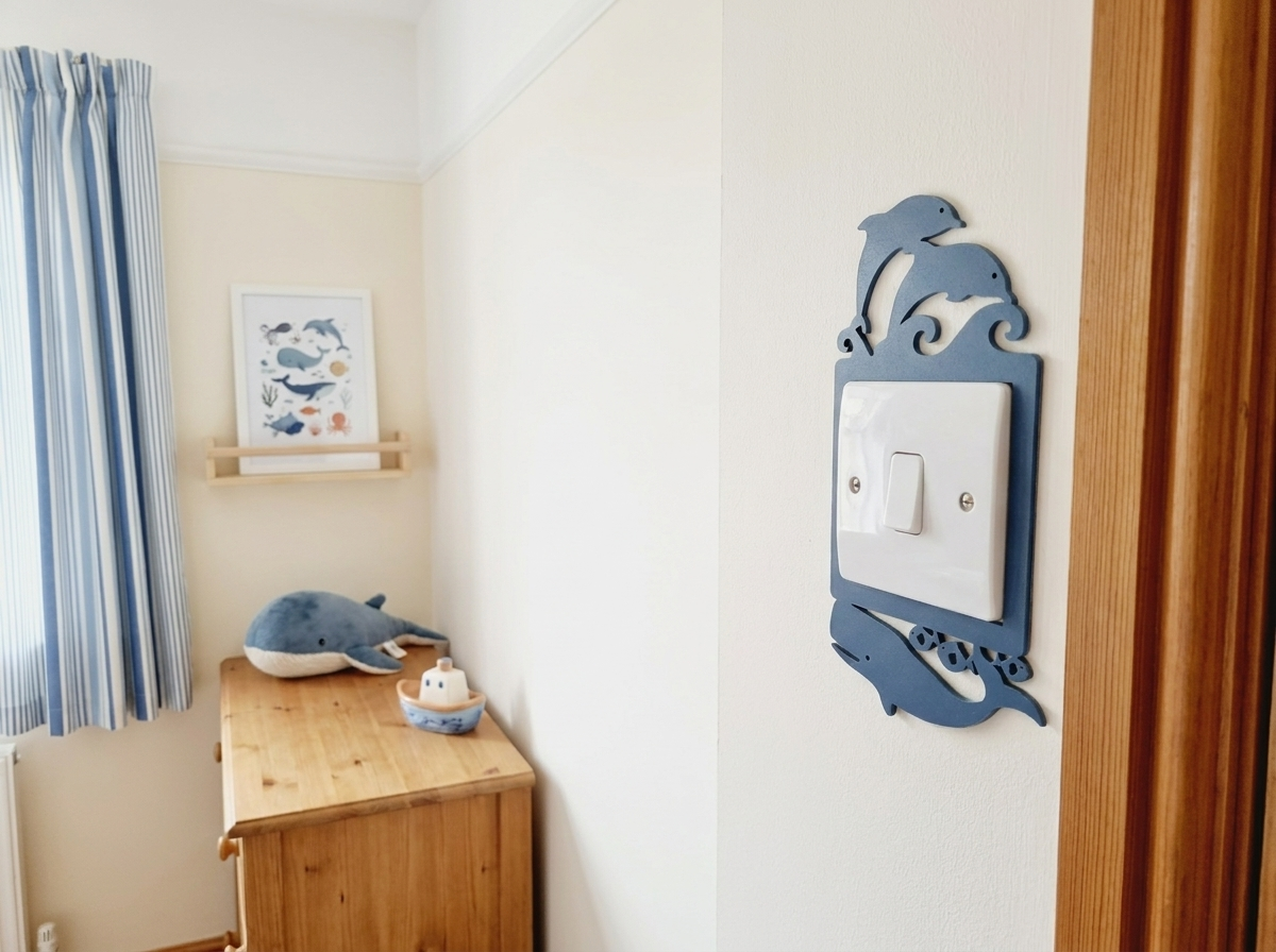 Nautical-themed room with dolphin and whale on a light switch cover