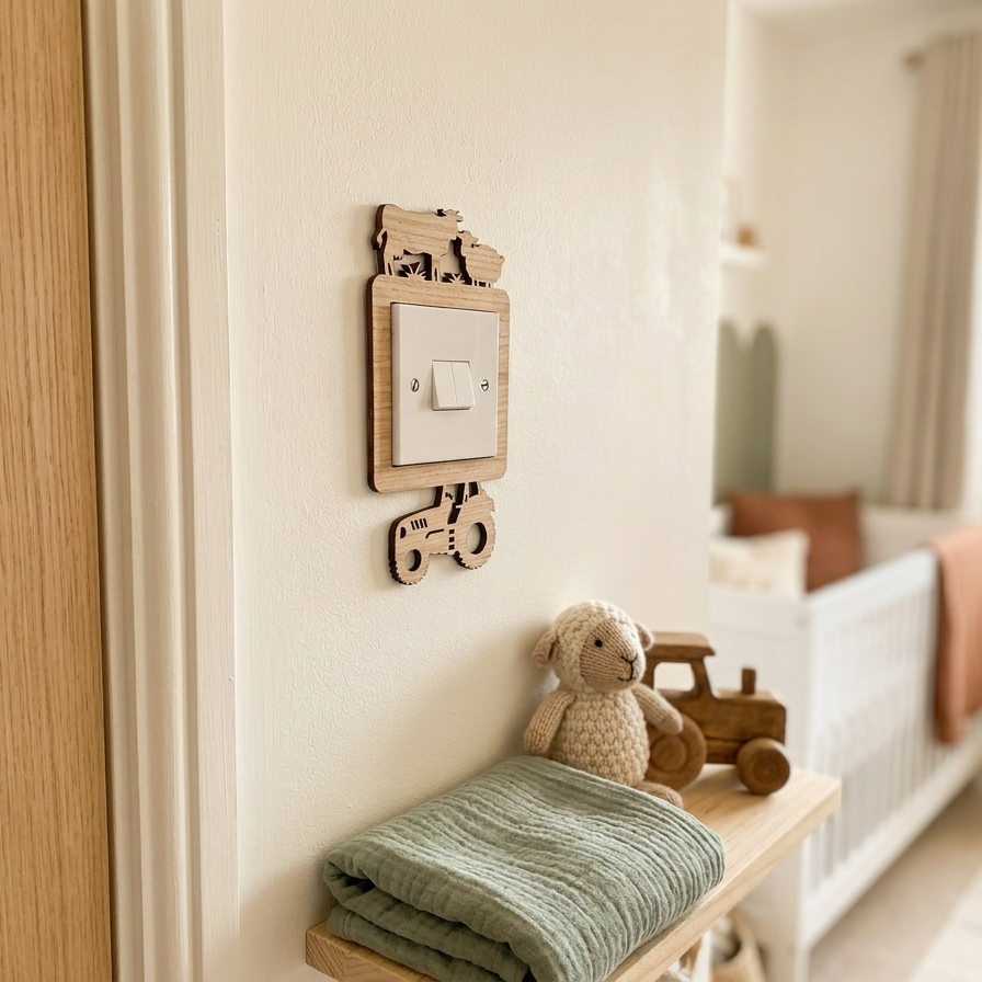 Wooden light surround with farmyard animals and a tractor on the wall in a Children's room with wooden toys and a teddy bear on a shelf.