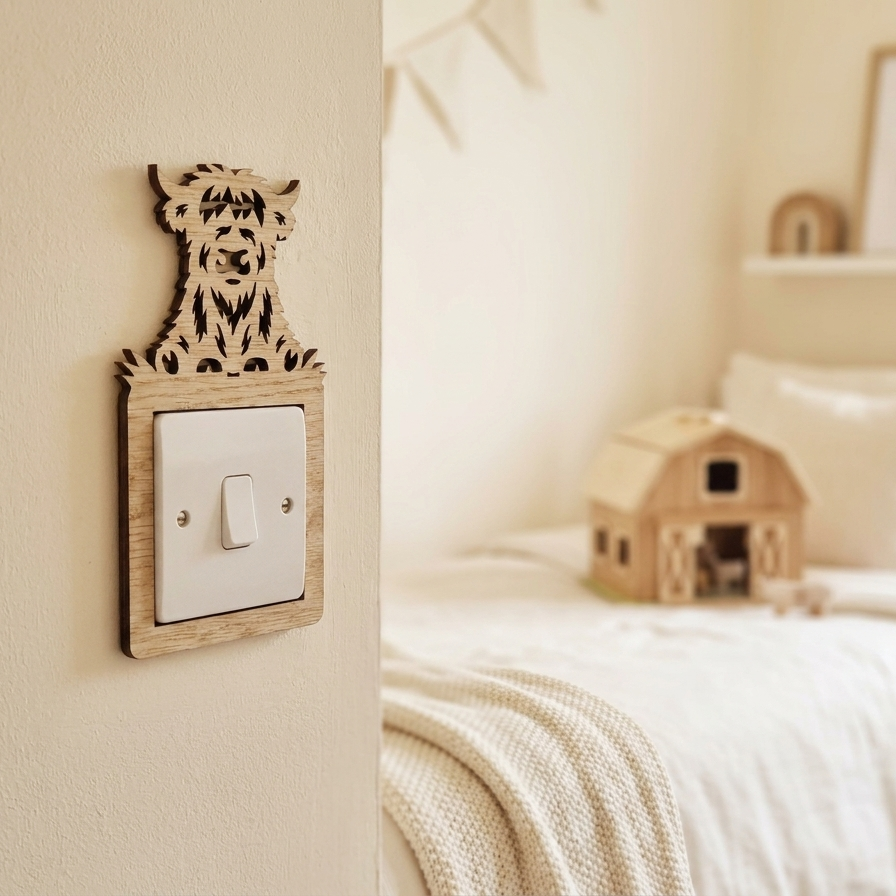 Decorative wooden light switch cover with highland cow sitting on grass design on a wall next to a bed.
