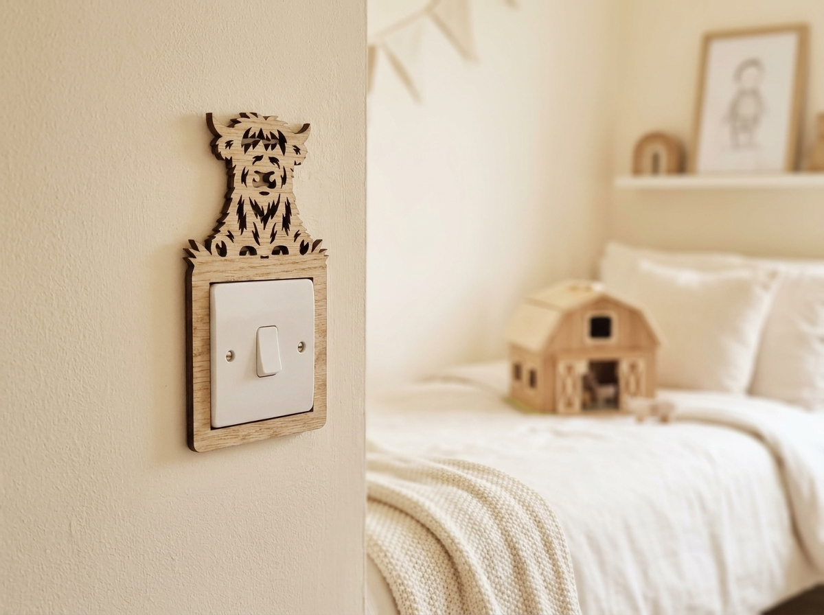 Decorative wooden light switch cover with highland cow sitting on grass design on a wall next to a bed.