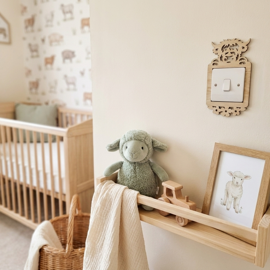 Nursery room with wooden crib, shelf with toy and picture, and a wooden light surround with highland cow and flower design.