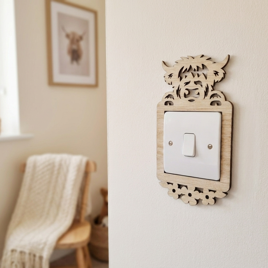 Decorative wooden light switch cover with a highland cow head and flowets on a wall with a chair and window in the background.