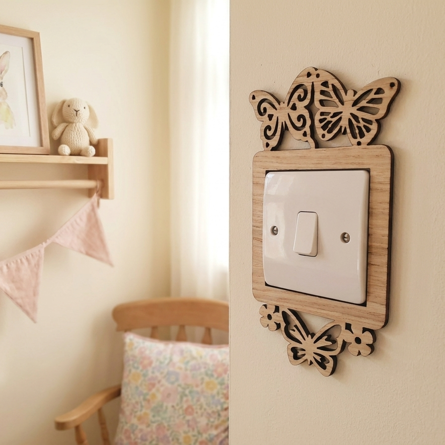 Decorative wooden butterfly light switch plate on a wall with a shelf and chair in the background.