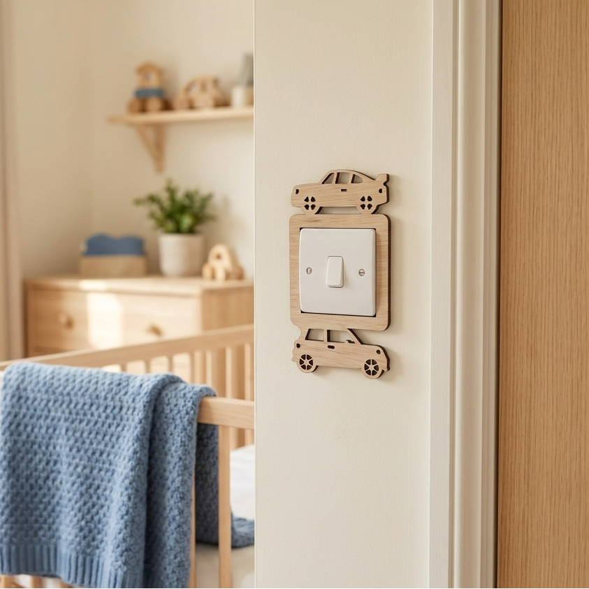 Nursery room with a crib and wooden light switch surround with two car design.