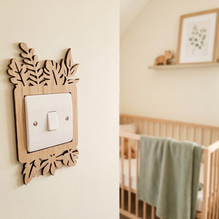 Decorative wooden light switch cover with leaf design in a nursery setting