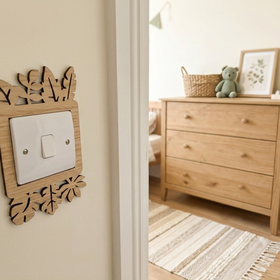 Decorative wooden switch cover with leaf design on a wall with a dresser and décor items in the background.