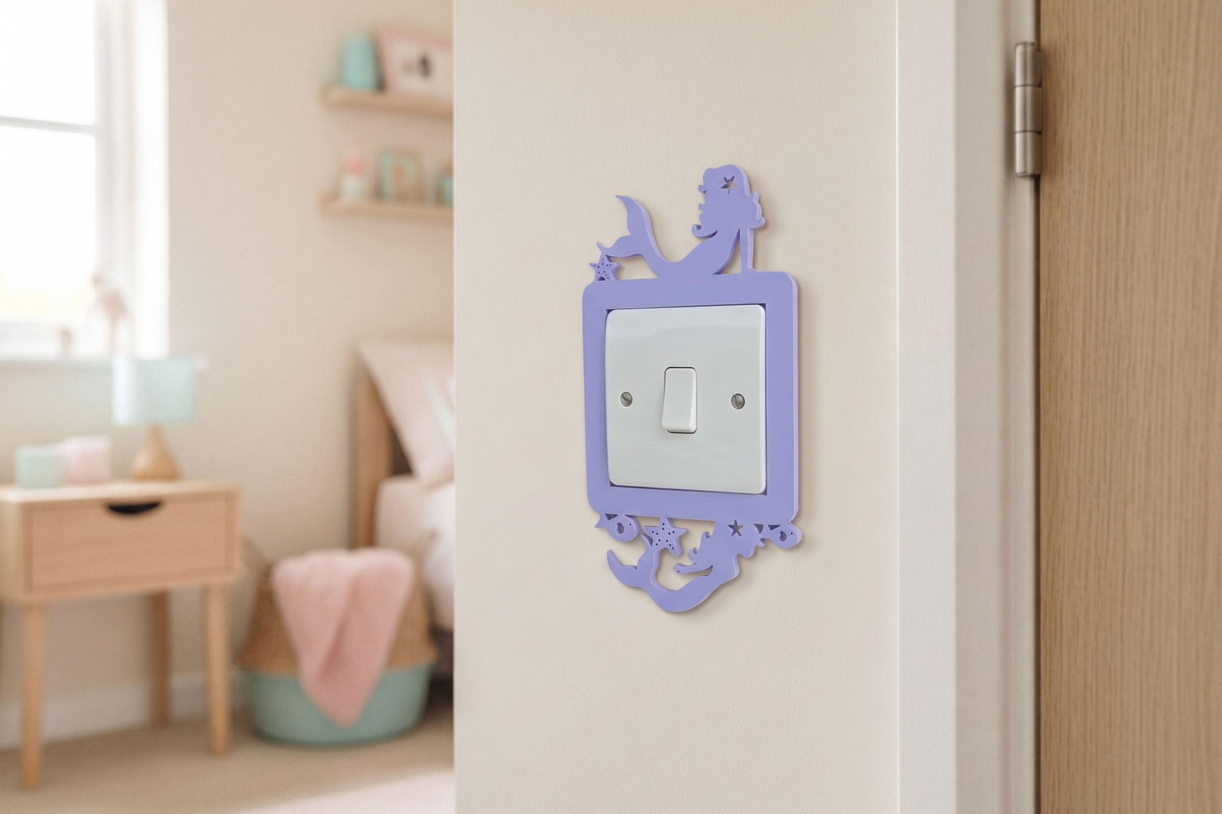 Decorative switch cover in lilac with a mermaid design on a wall in a child's room.