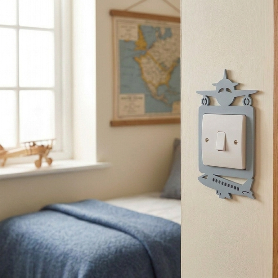 A blue light switch plate with two modern airplanes around and a white switch plate, mounted on a beige wall in a softly lit child's bedroom.