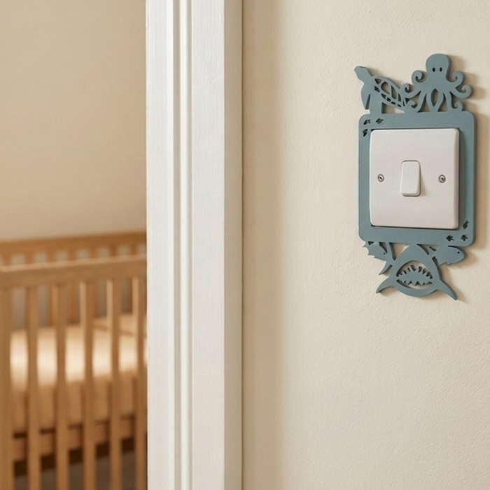 Ocean themed light switch cover with a turtle, octopus, shark and fish design in a nursery setting.