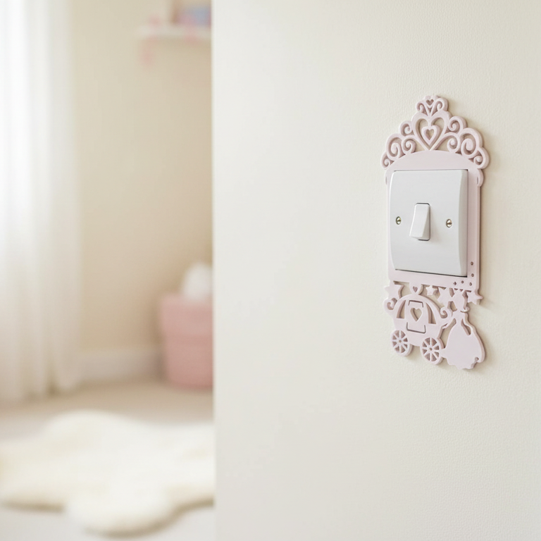 Decorative princess themed light pink wall switch plate in a nursery setting