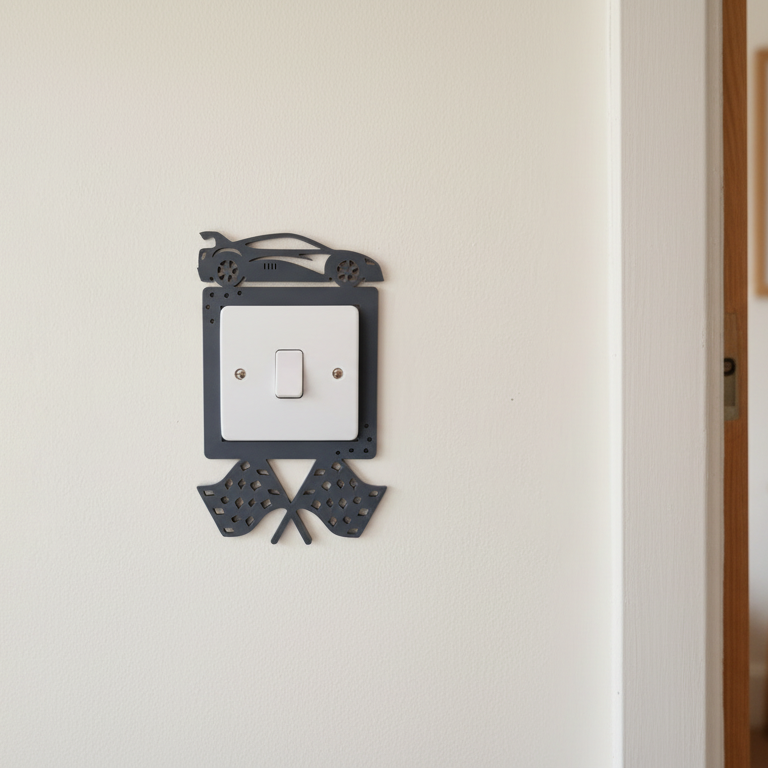 Decorative racing car themed wall switch cover with a rally car and flags in dark grey on a light coloured wall.