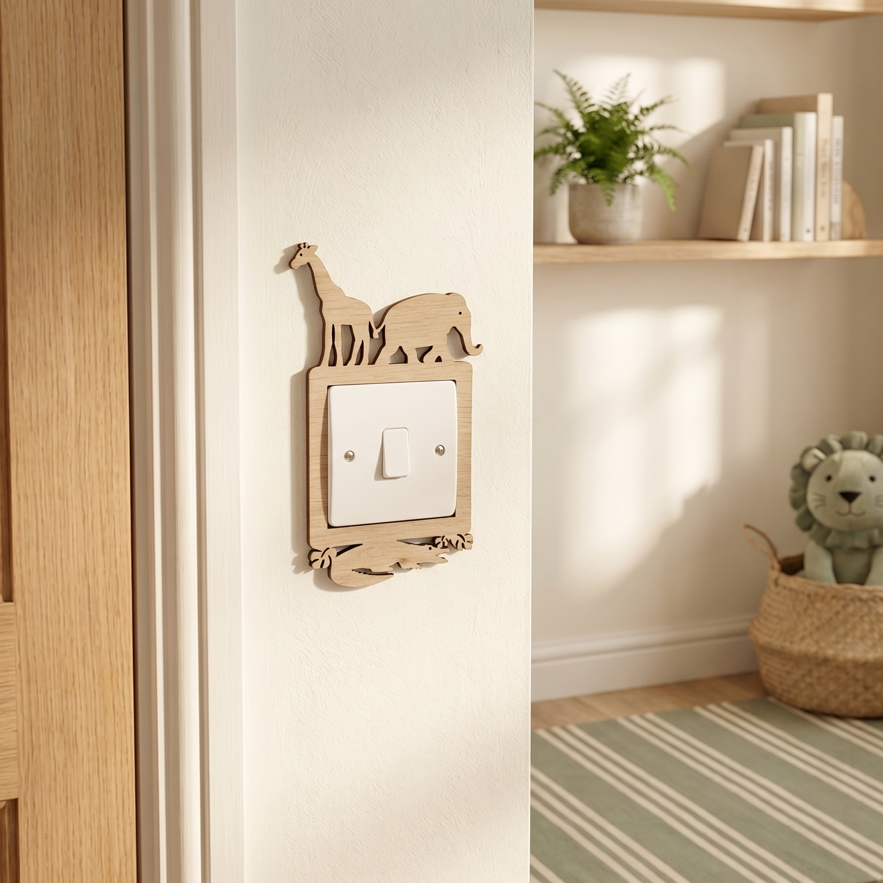 Wooden light switch cover with jungle animal design in a child's room safari themed bedroom.