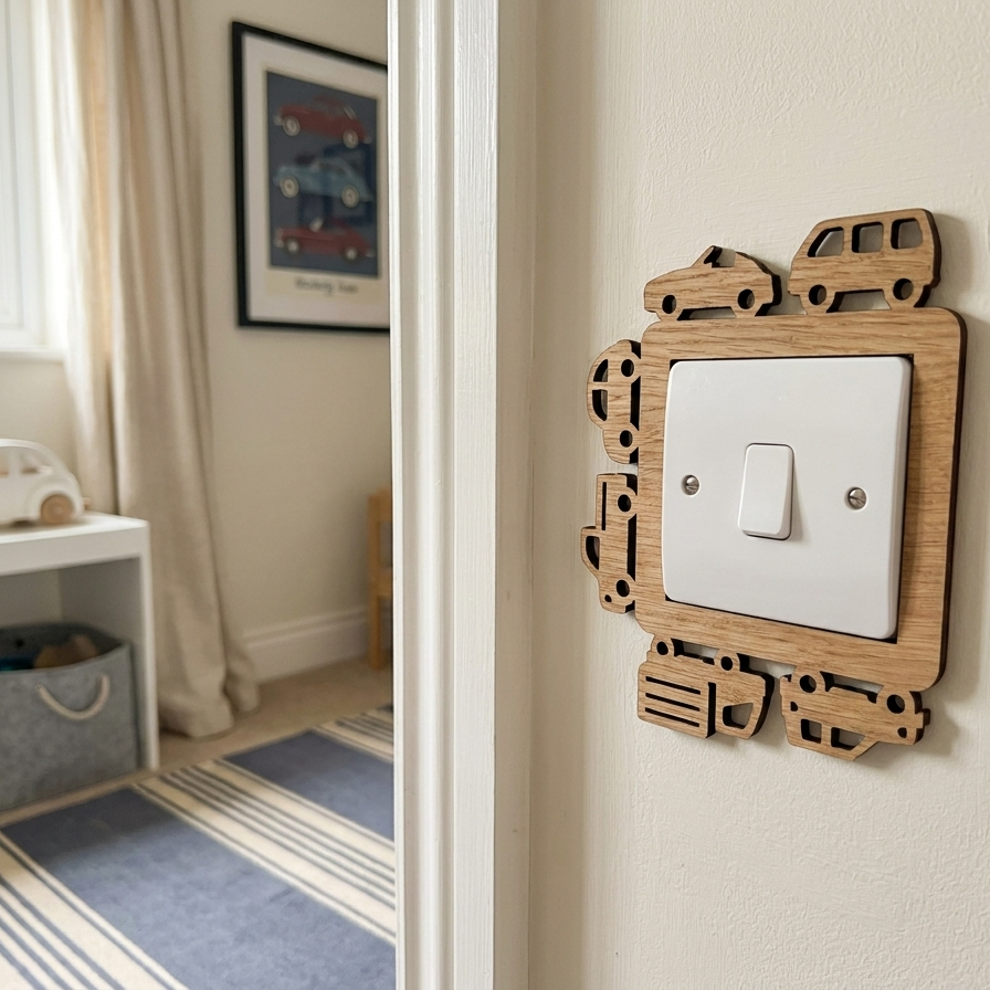 Decorative wooden light switch cover with car design in a child's room
