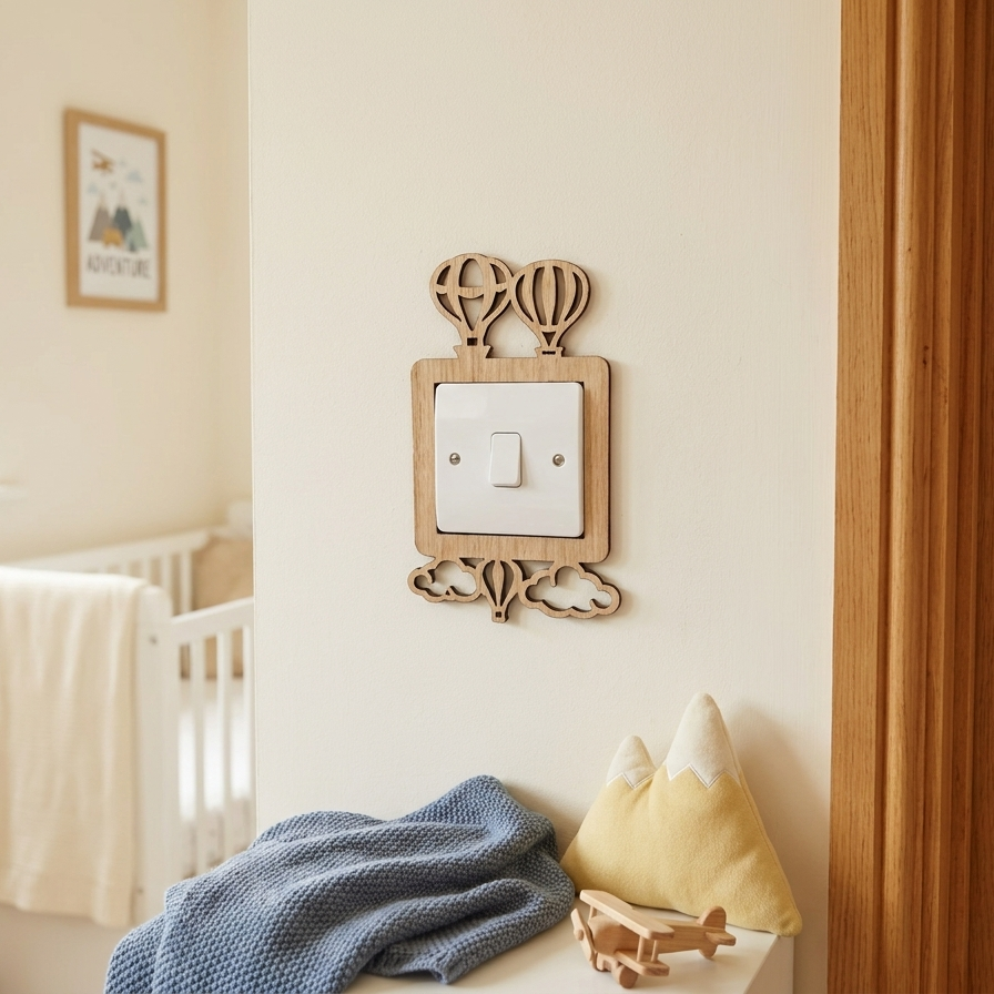Wooden light switch surround with three hot air balloons and clouds on a wall in a nursery.