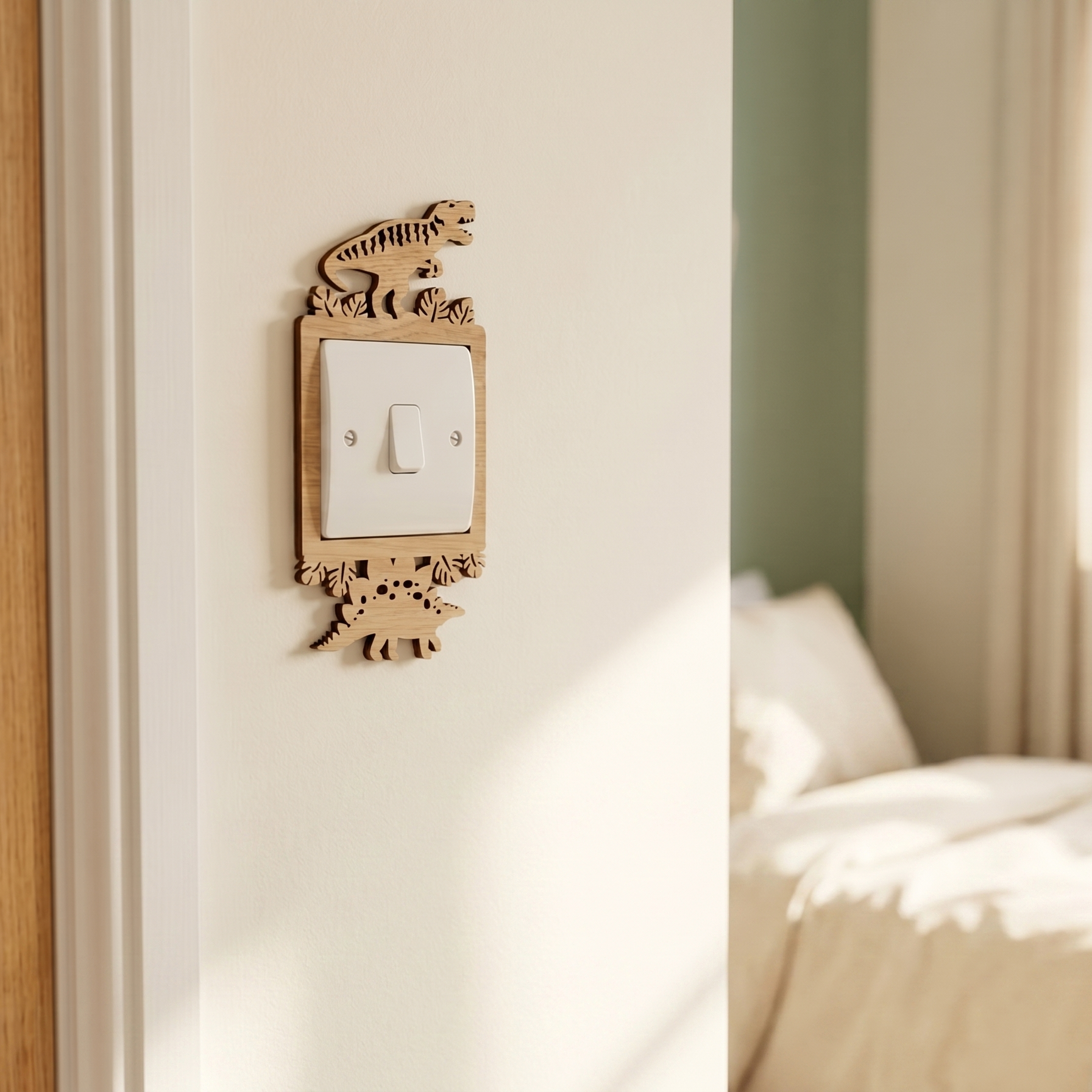 Wooden decorative light switch cover with a T-Rex and Stegosaurus design on a wall next to a bed with sunlight streaming through curtains.
