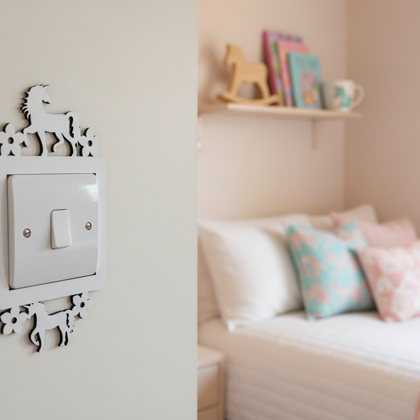 Decorative light switch cover with two unicorns and four flowers on a wall in a child's room.