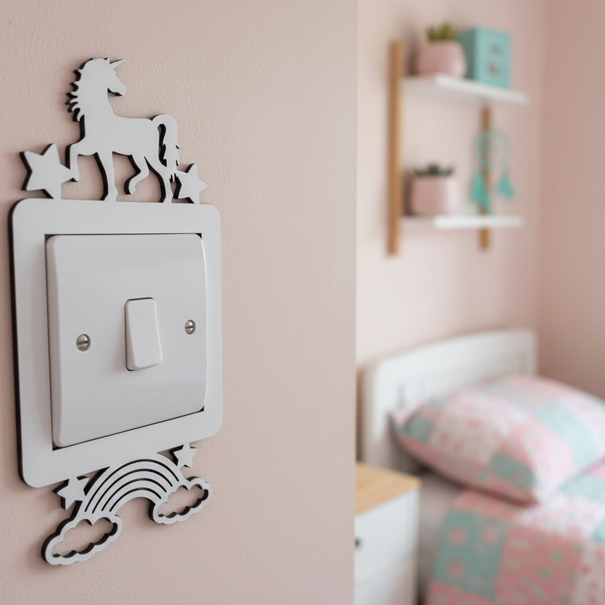 Decorative light switch cover with a unicorn, stars and rainbow in white wood in a child's bedroom.