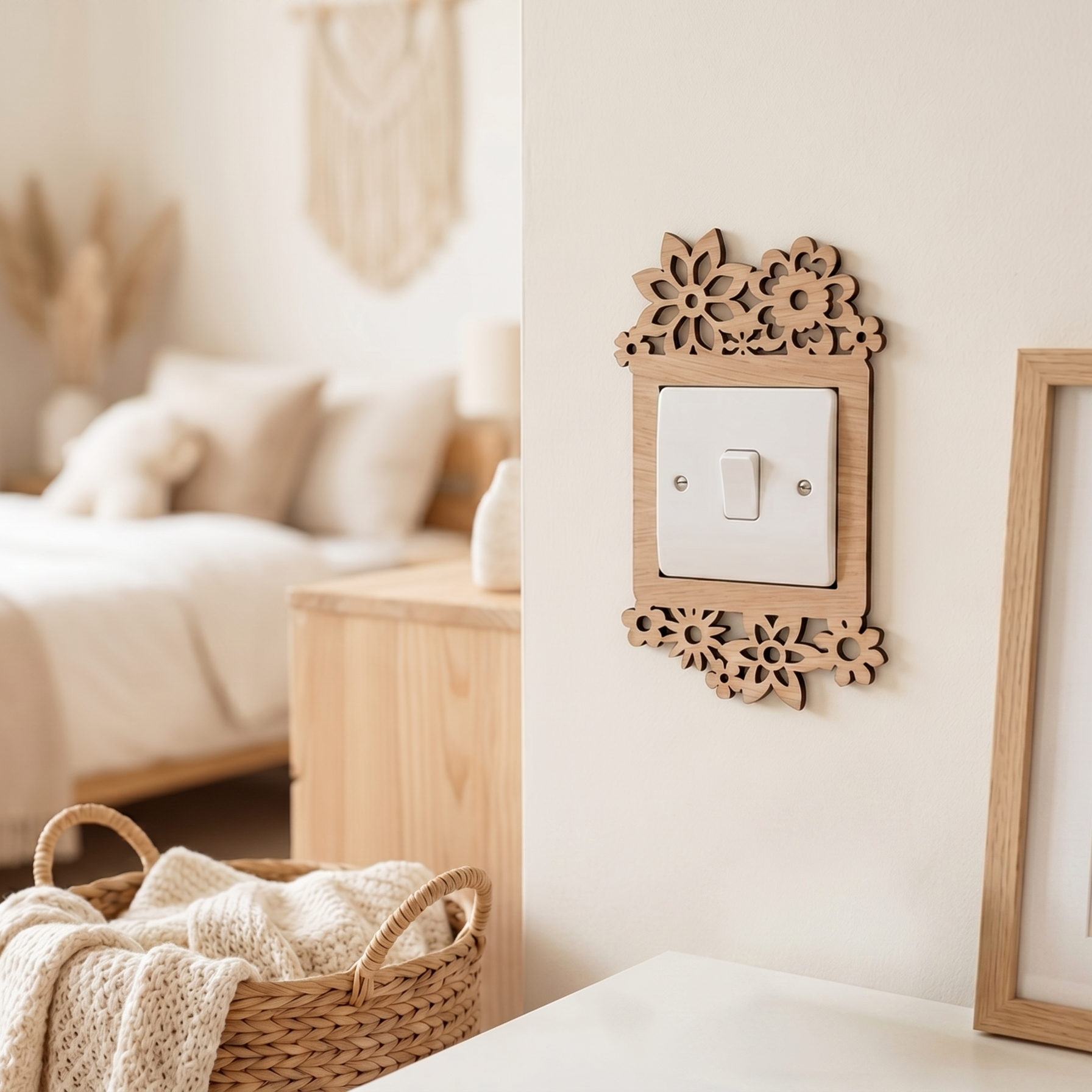 Decorative light switch cover with floral daisy design in a bedroom setting.